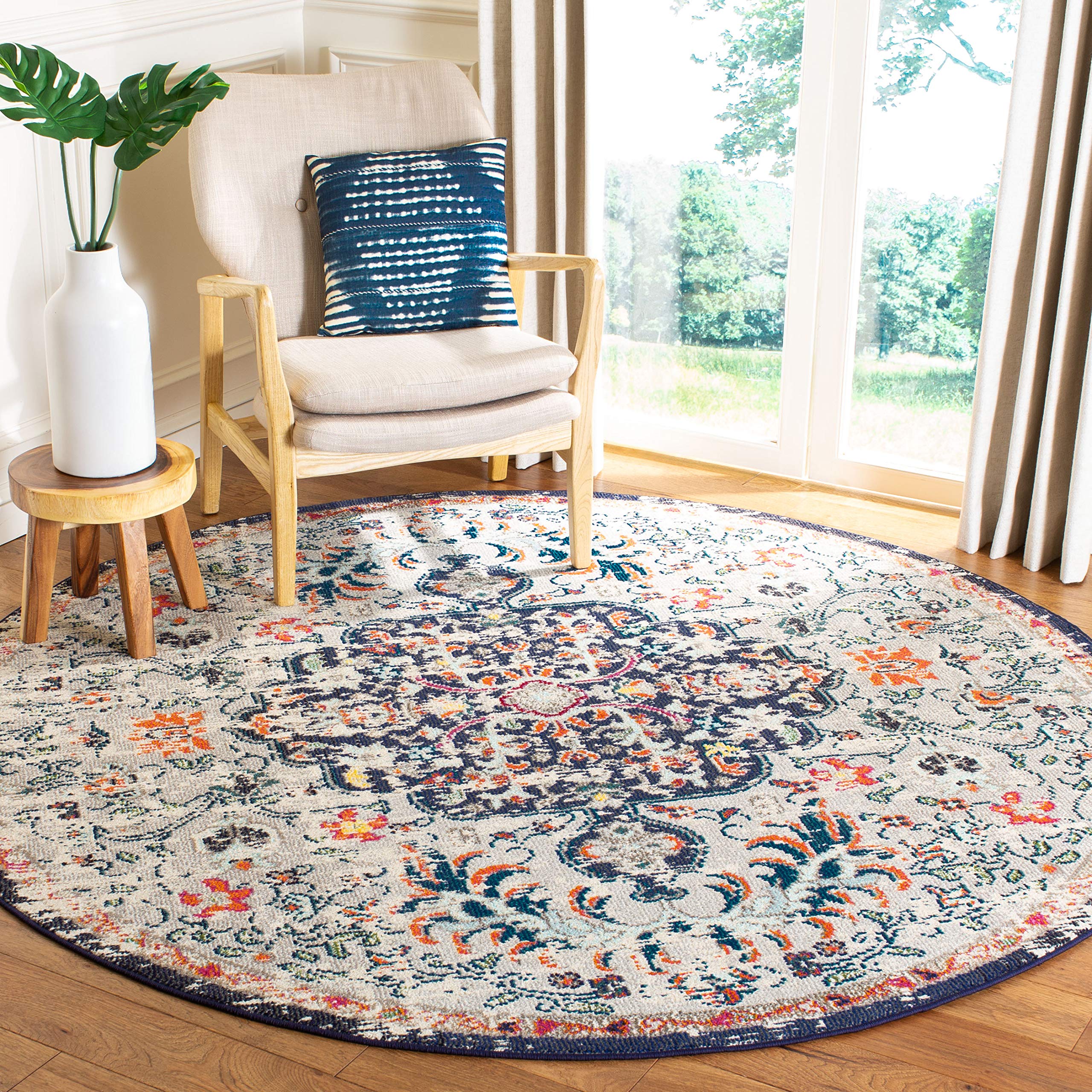SAFAVIEH Madison Collection Area Rug - 9 Round, Beige & Black, Boho Chic Medallion Distressed Design, Non-Shedding & Easy Care,