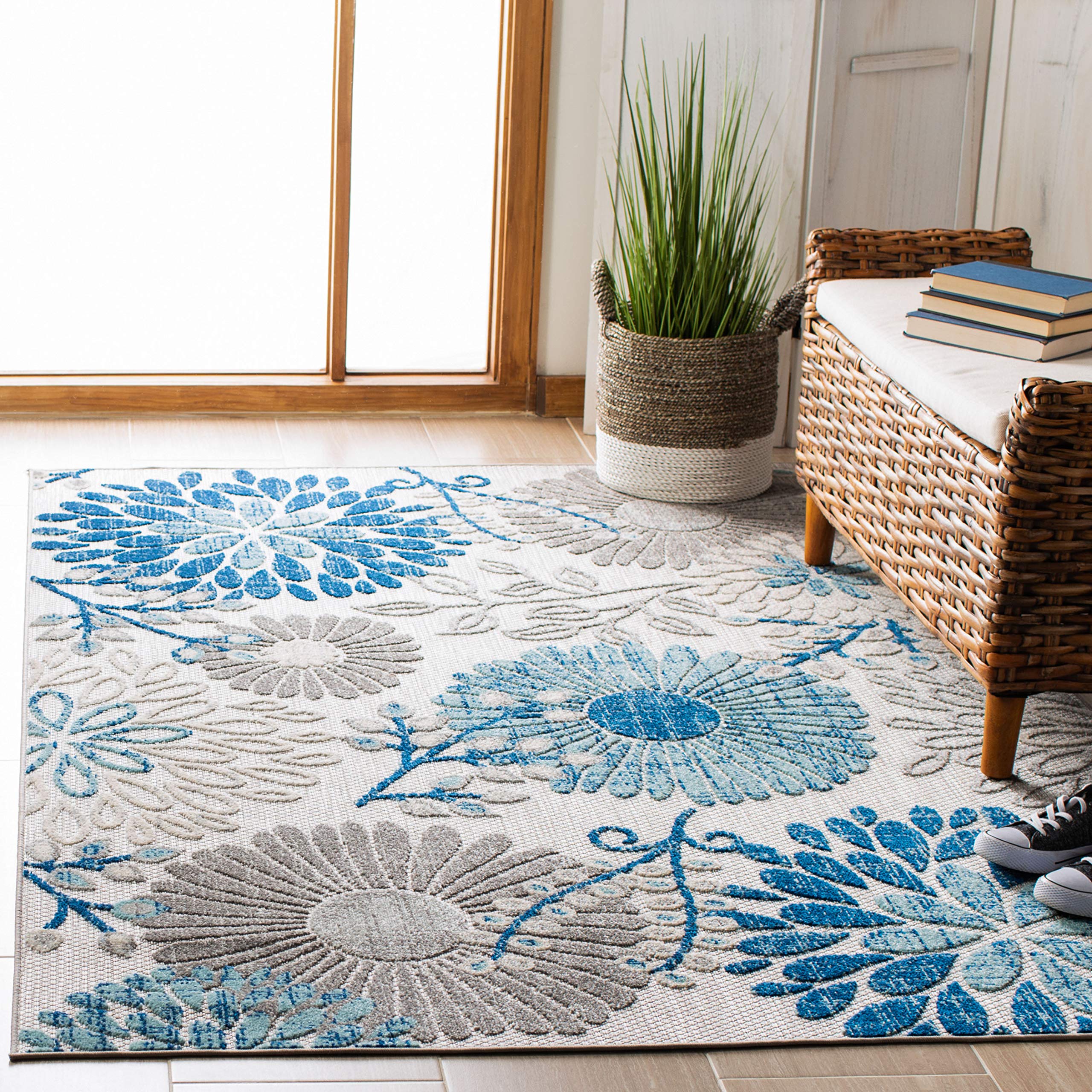 SAFAVIEH Cabana Collection Area Rug - 67 Square, Grey & Blue, Floral Design, Non-Shedding & Easy Care, Indoor/Outdoor & Washabl