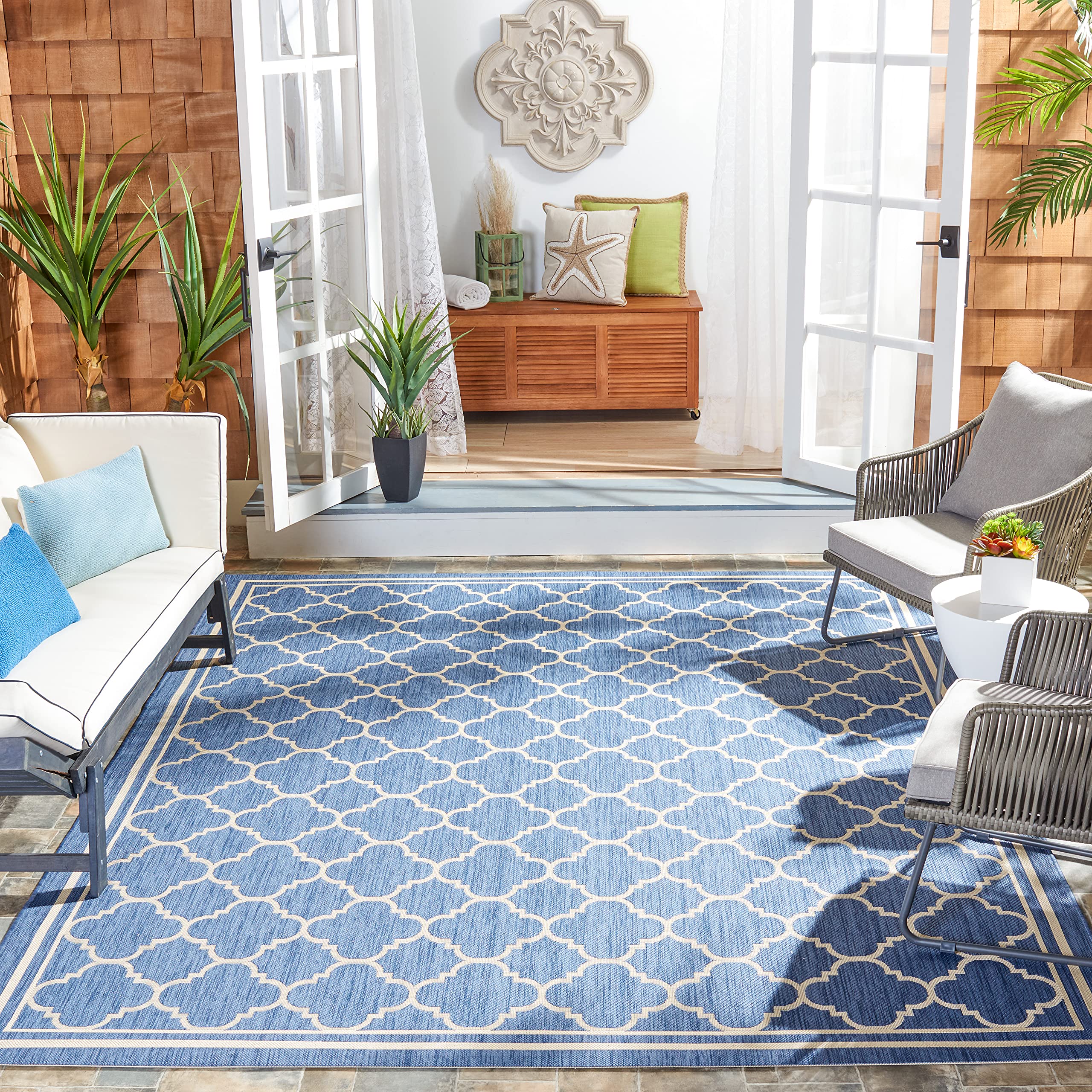 SAFAVIEH Courtyard Collection 67 Square Blue/Beige CY6918 Trellis Indoor/ Outdoor Splashproof Easy Scrubbing Patio Backyard Mud