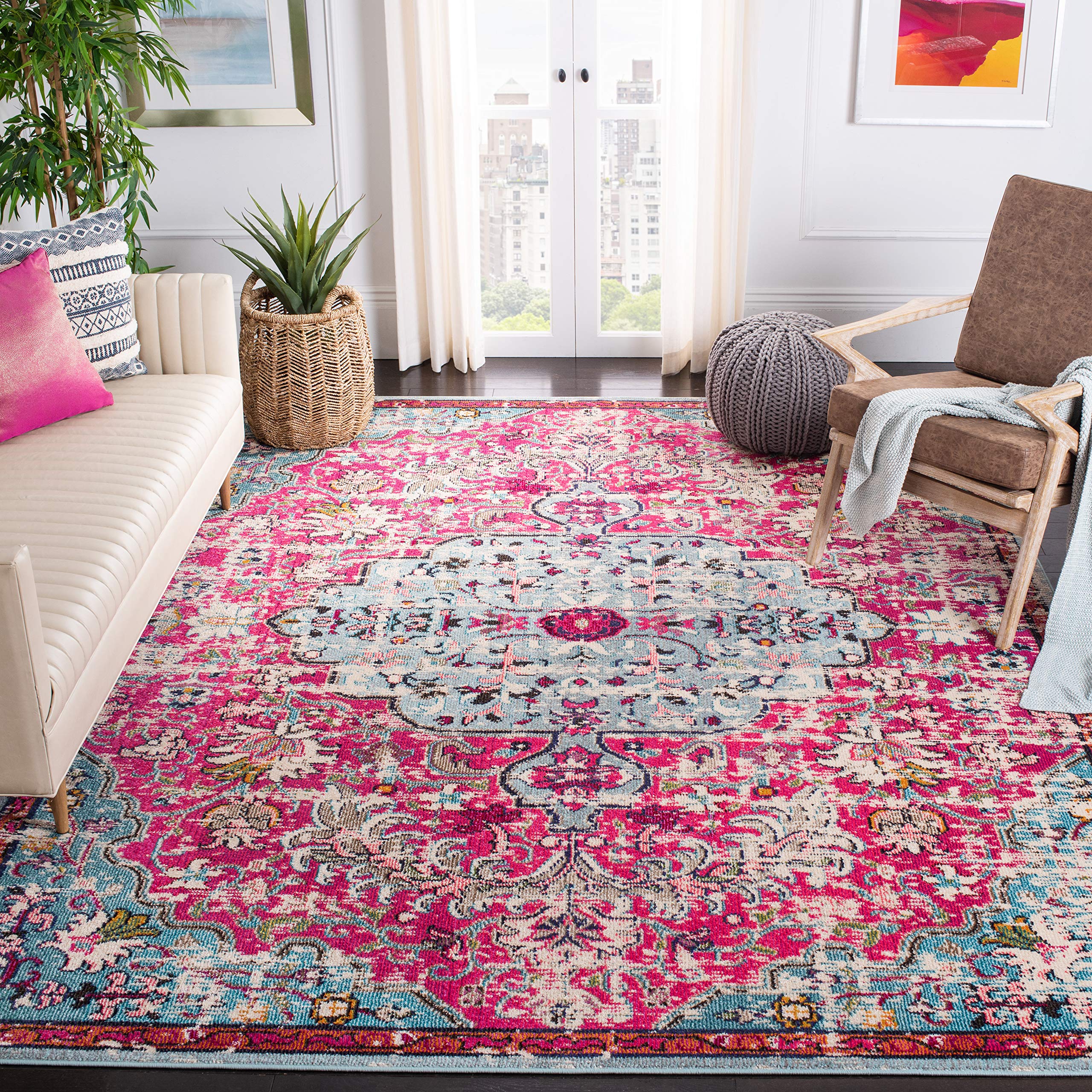 SAFAVIEH Madison Collection Area Rug - 8 Square, Fuchsia & Teal, Boho Chic Medallion Distressed Design, Non-Shedding & Easy Car