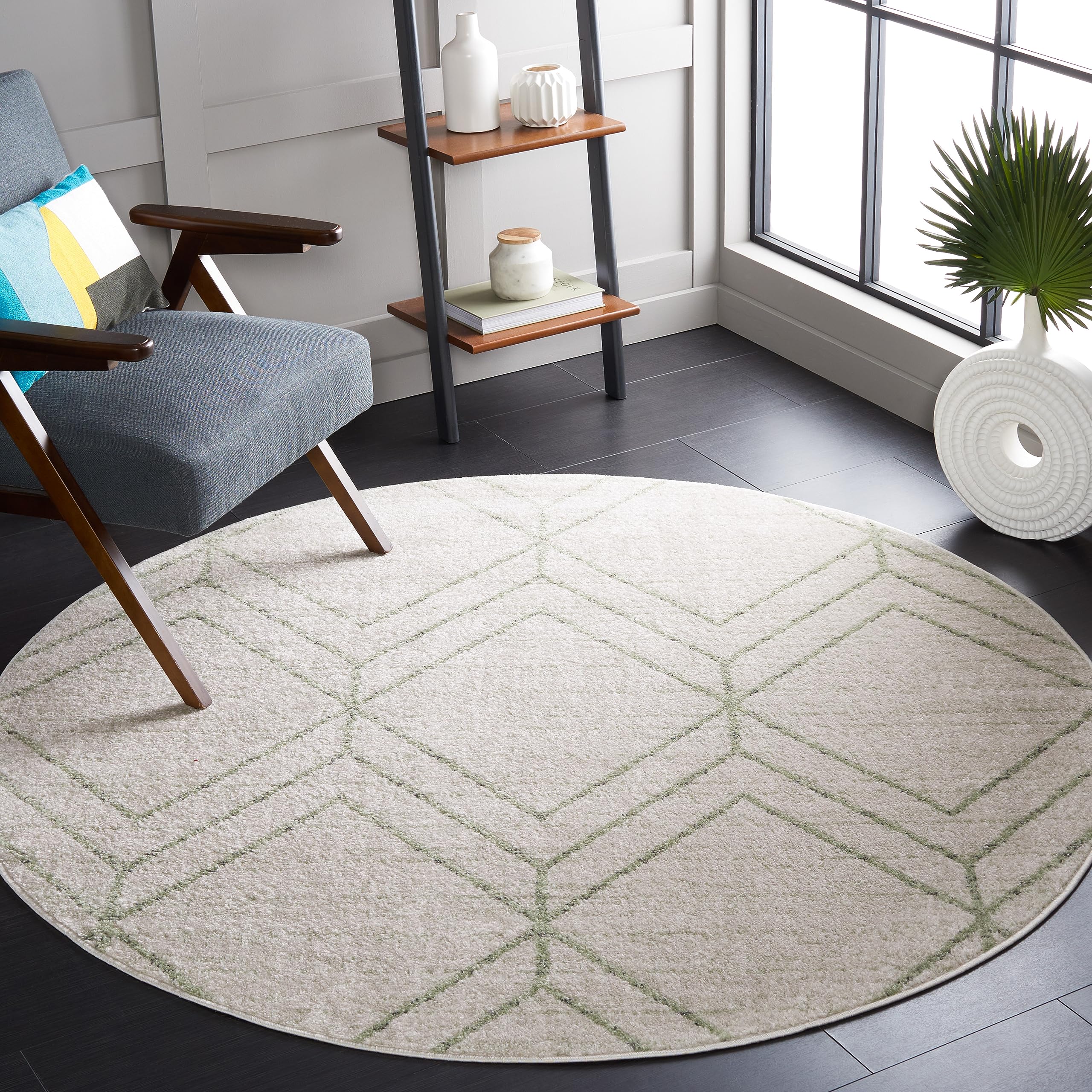 SAFAVIEH Adirondack Collection Area Rug - 4 Round, Ivory & Sage, Geometric Design, Non-Shedding & Easy Care, Ideal for High Tra
