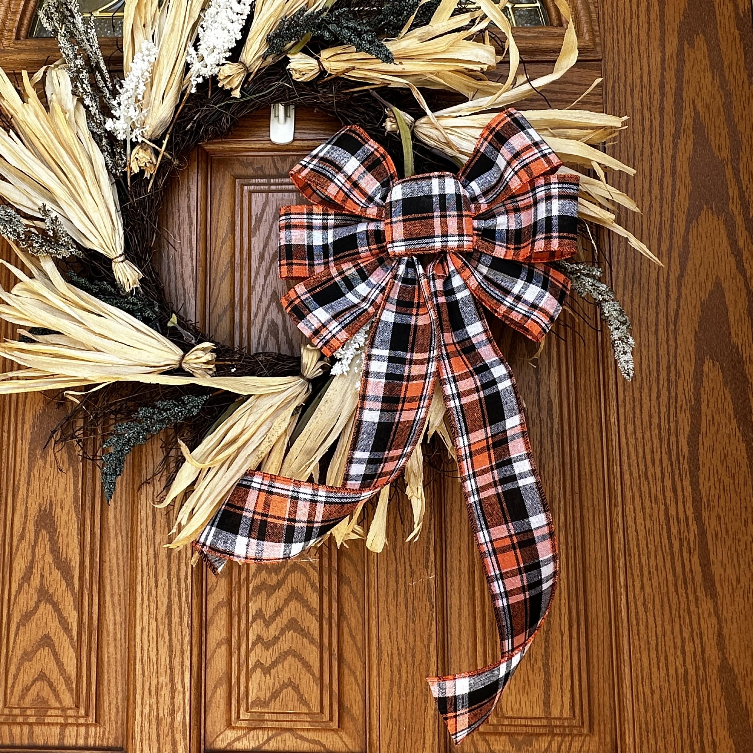 Fall Plaid Door Wreath Bow - 10' Wide, 18' Long Pre-Tied Bow, Orange, Beige, Black, Thanksgiving, Christmas, Kitchen Decor, Do