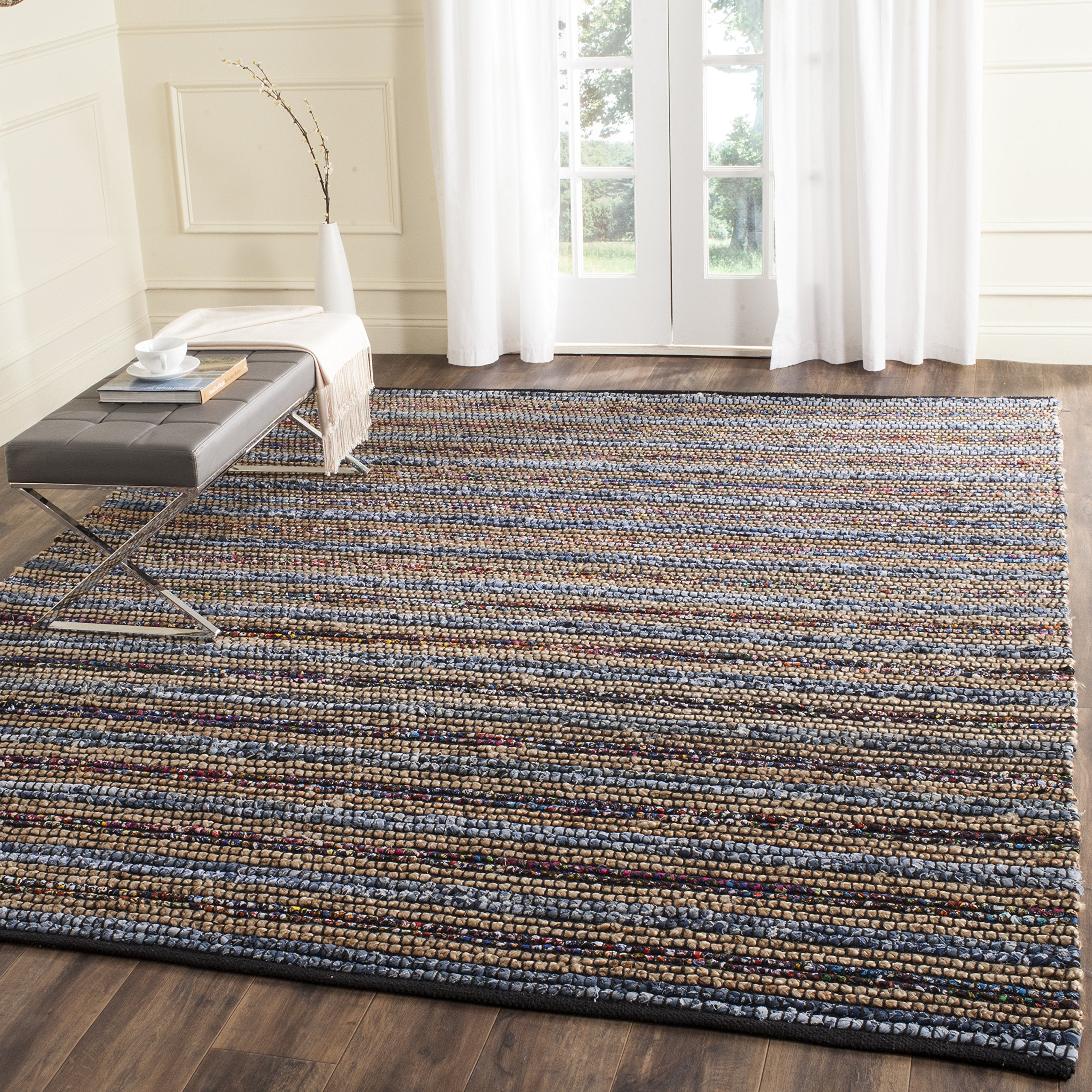SAFAVIEH Cape Cod Collection 4 Square Blue/Multi CAP361A Handmade Flatweave Braided Stripe Cotton & Jute Area Rug