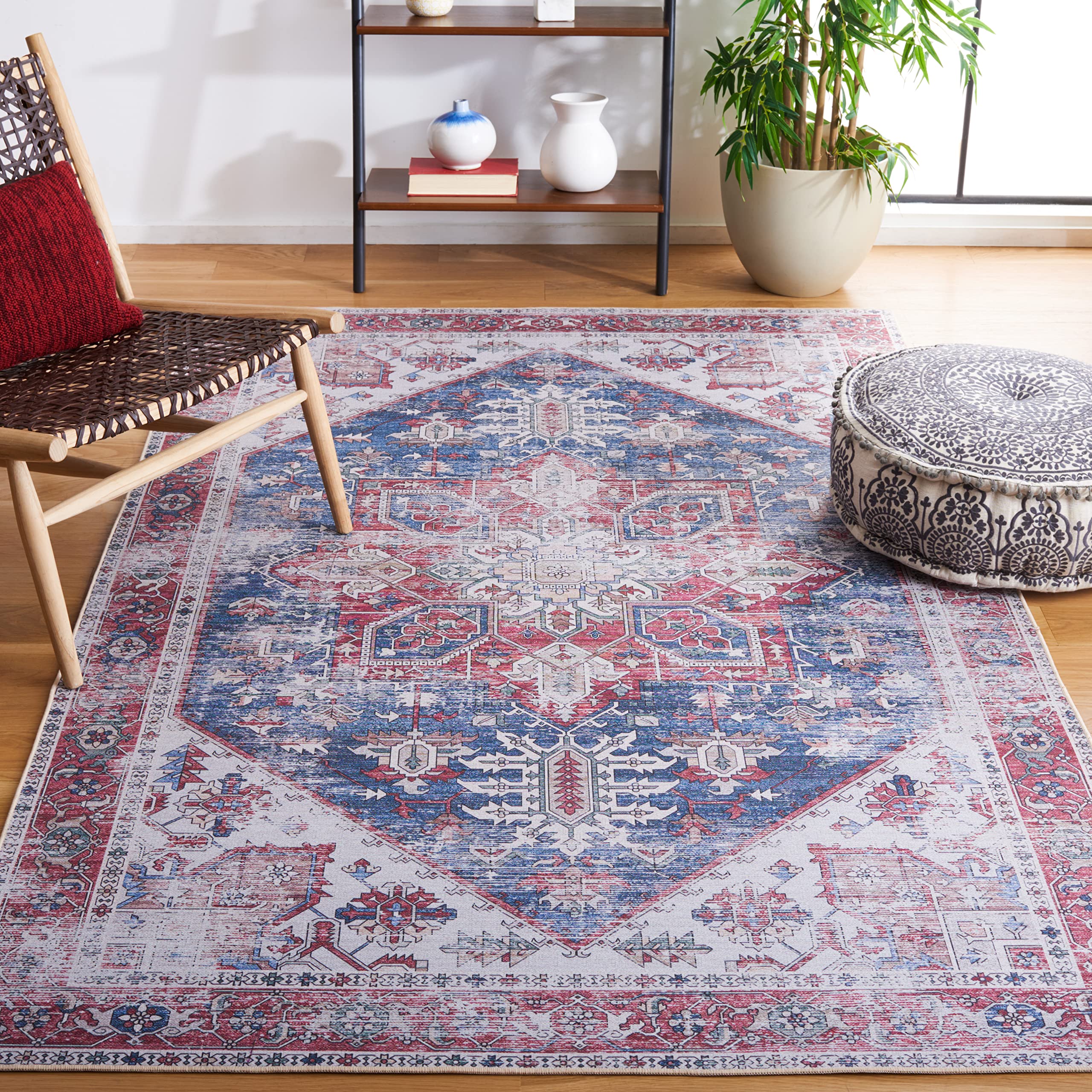 SAFAVIEH Washable Rug Tucson Collection - 5 Square, Navy & Red, Slip Resistant, Ideal for High Traffic Areas in Living Room, Be