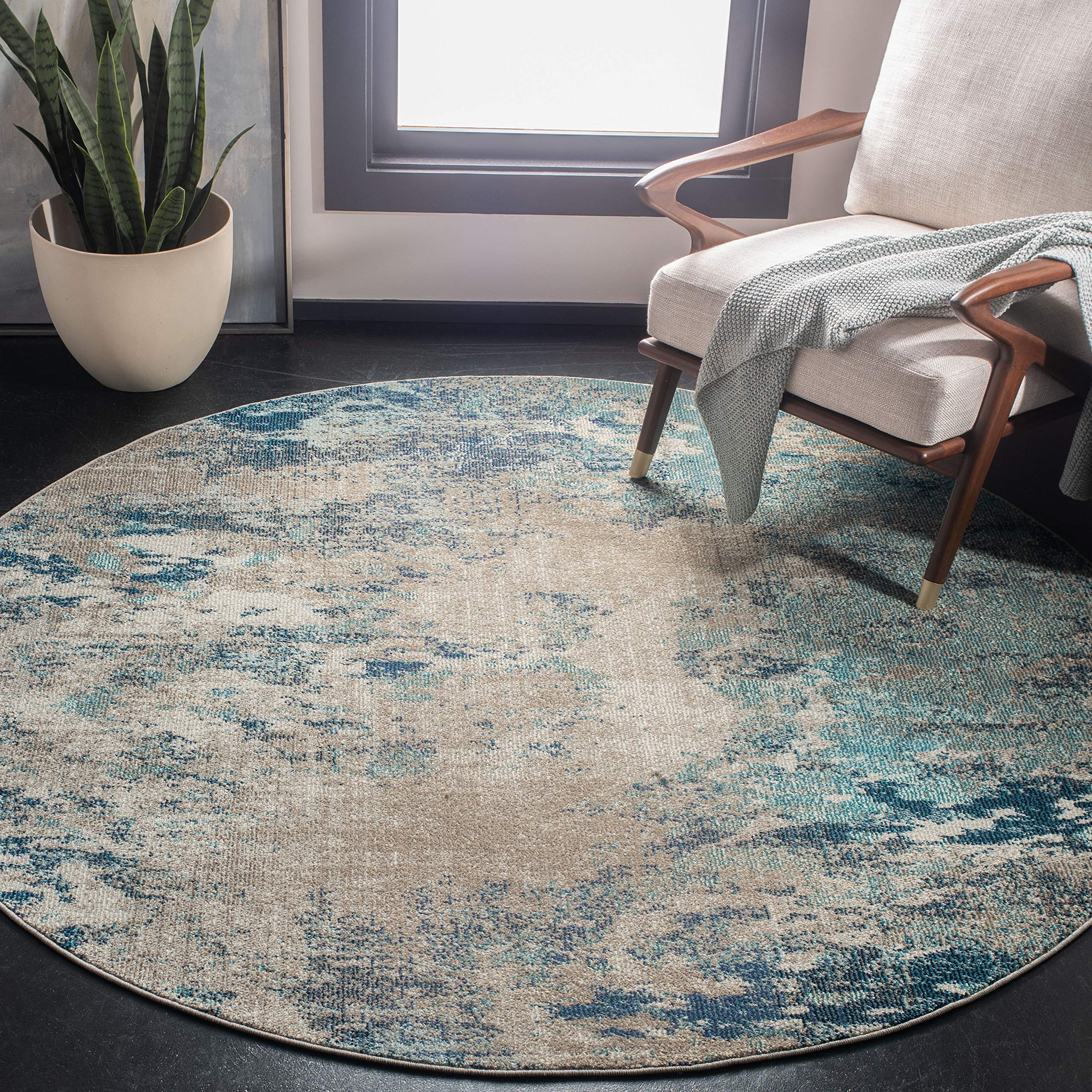 SAFAVIEH Madison Collection Area Rug - 5 Round, Blue & Grey, Modern Boho Abstract Design, Non-Shedding & Easy Care, Ideal for H