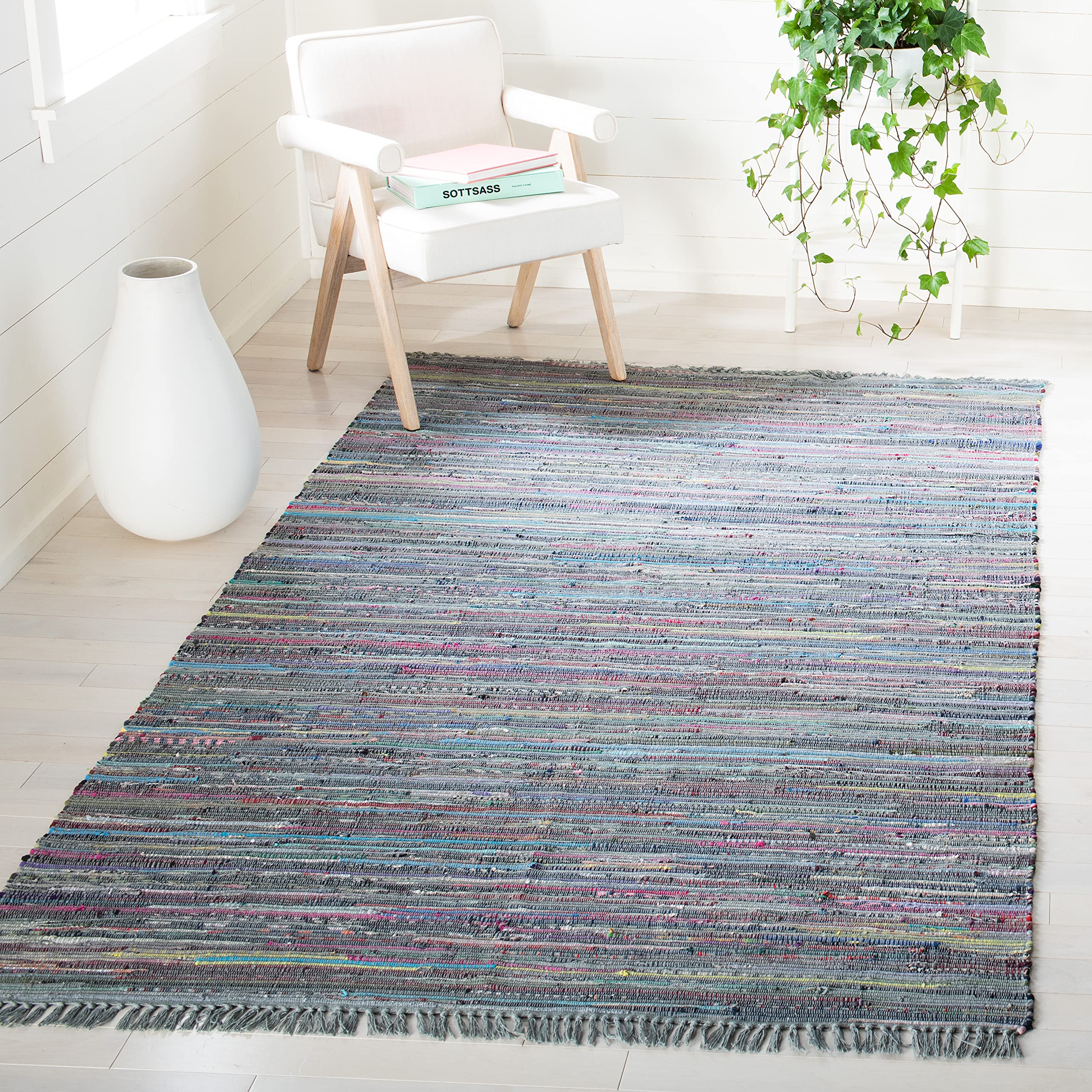 SAFAVIEH Rag Rug Collection Area Rug - 5 x 8, Aqua & Multi, Handmade Boho Stripe Cotton, Ideal for High Traffic Areas in Livin