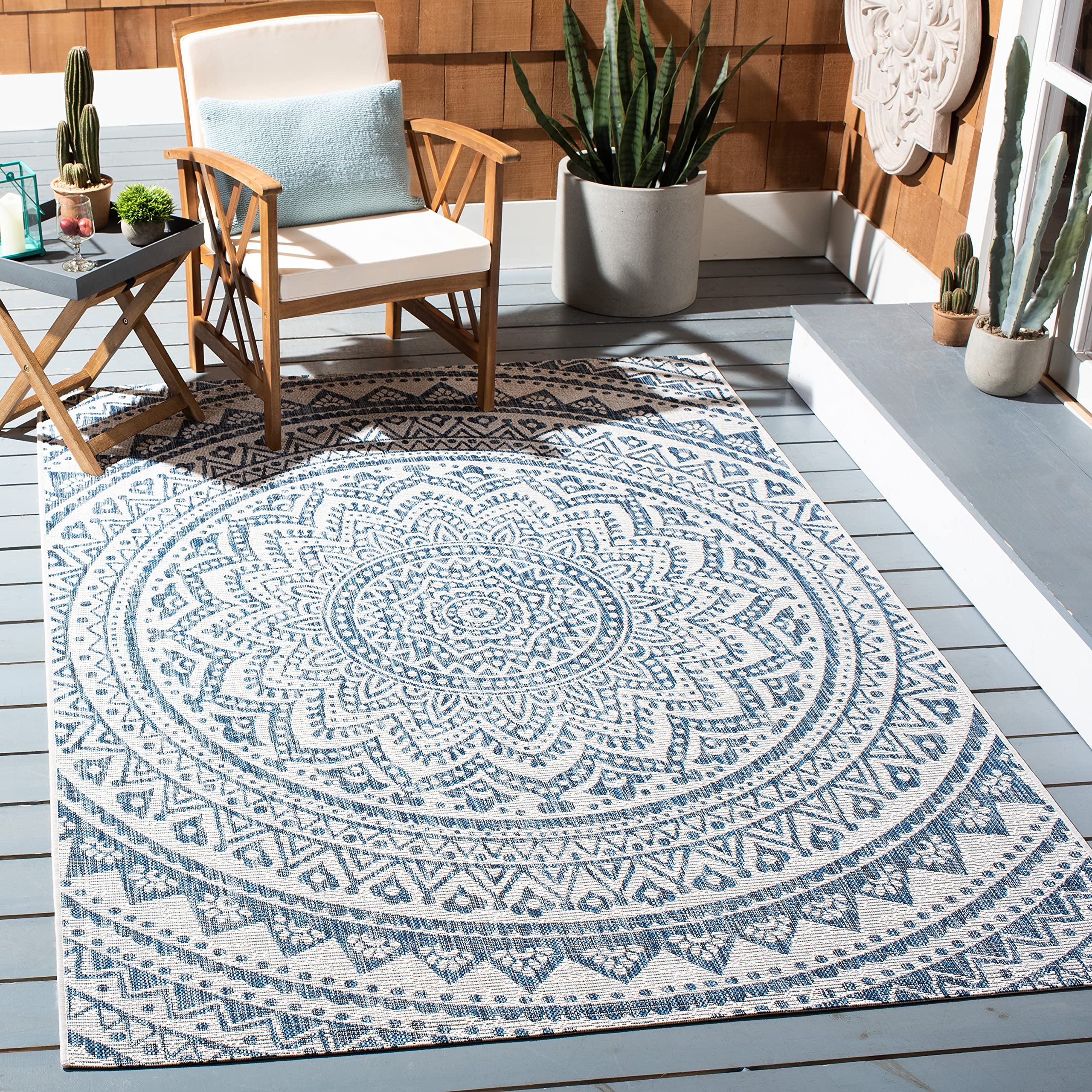 Safavieh Courtyard Collection 2'7' X 5' Ivory/Navy Cy8734 Indoor/ Outdoor Waterproof Easy Cleaning Patio Backyard Mudroom Area
