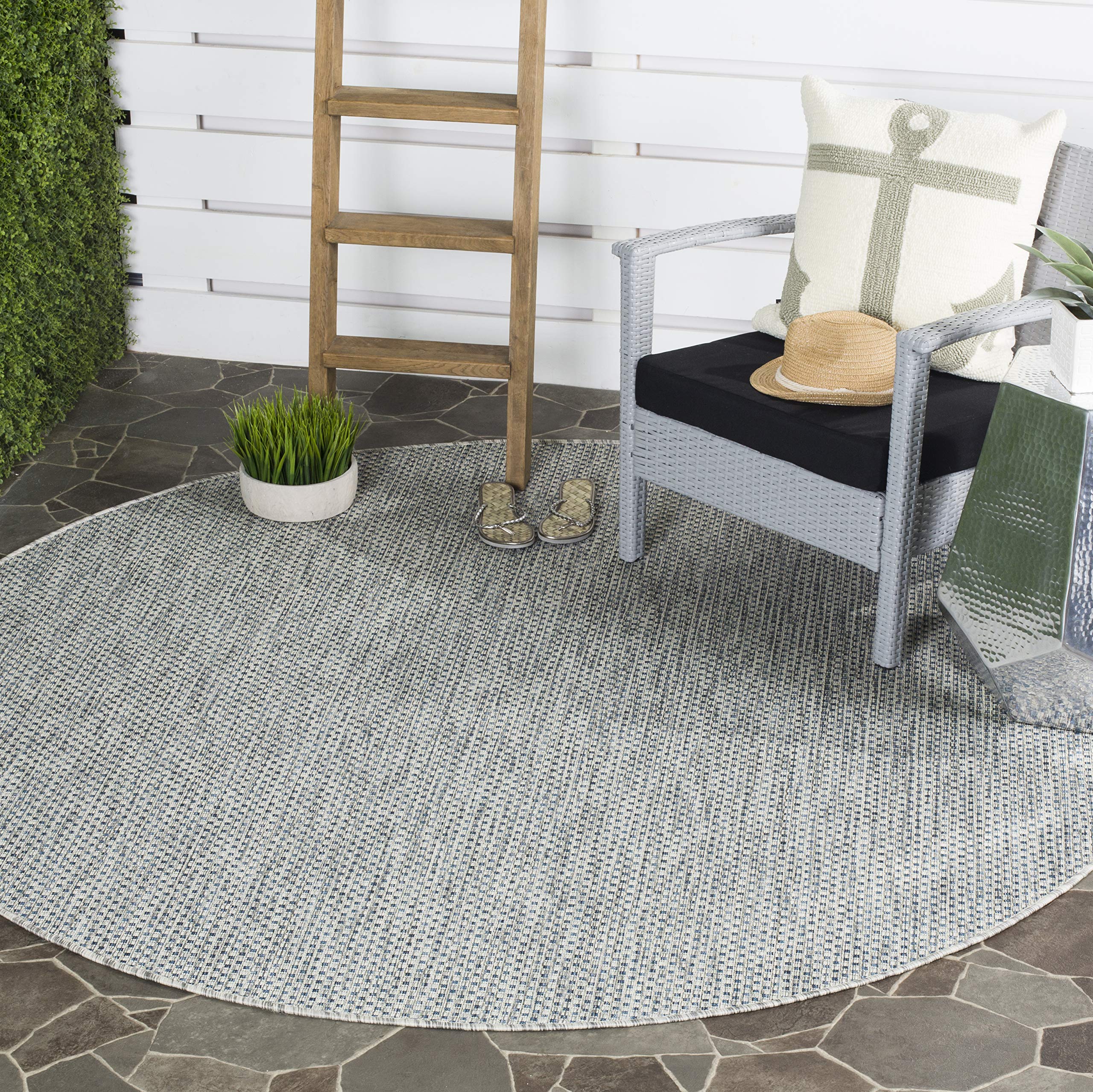 Safavieh Courtyard Collection 7'1' Round Grey/Navy Cy8521 Indoor/ Outside Waterproof Easy Cleansingpatio Backyard Mudroom Area Mat