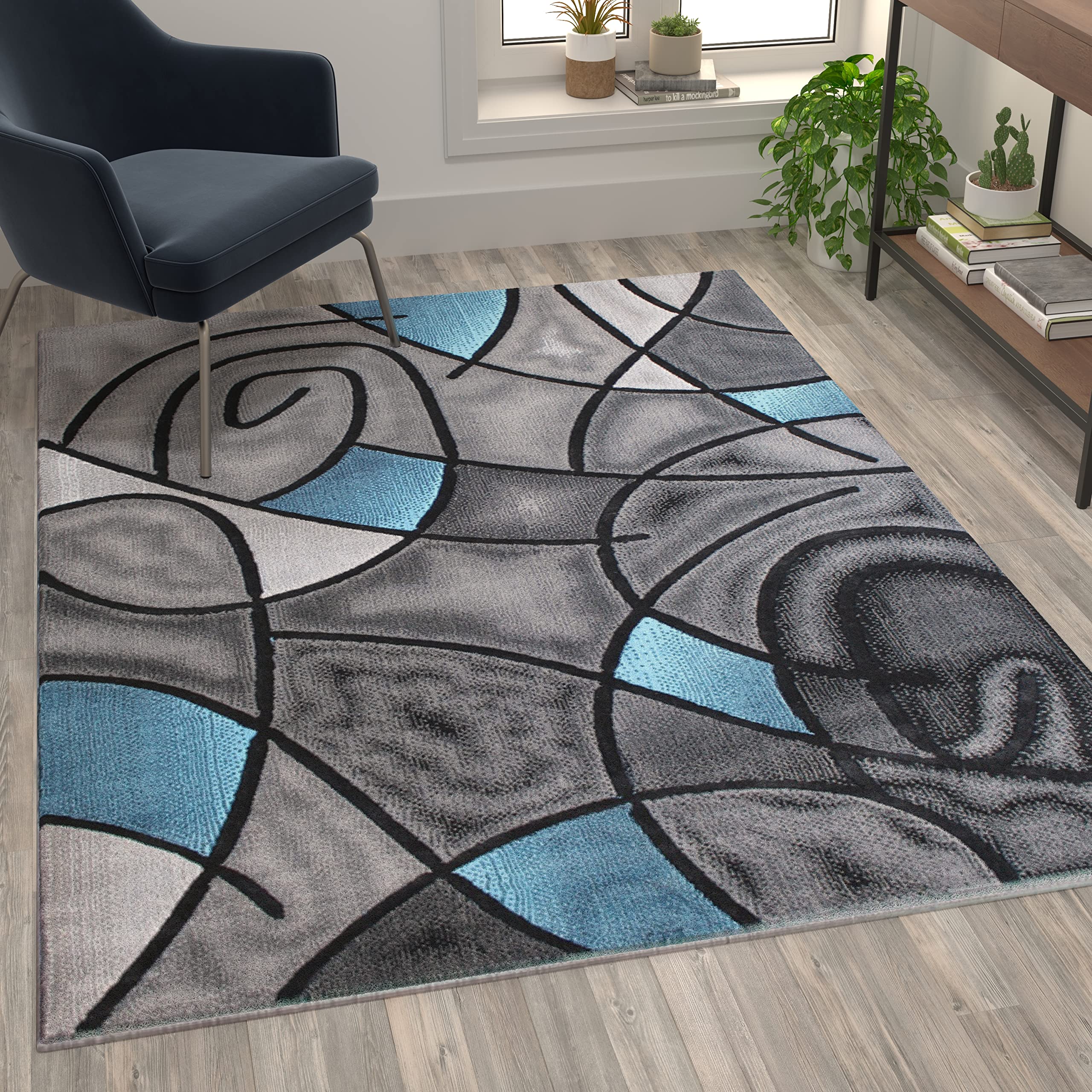 Flash Furniture Jubilee Collection Abstract Area Rug - Colorfast Blue Olefin Rug - 5' X 7' Area Rug - Jute Backing - Living Room, Bedroom, & Family Room