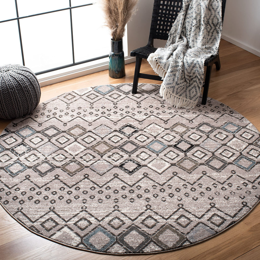 SAFAVIEH Amsterdam Collection Area Rug - 10' Round, Light Grey & Brown, Moroccan Boho Design, Non-Shedding & Easy Care, Ideal fo