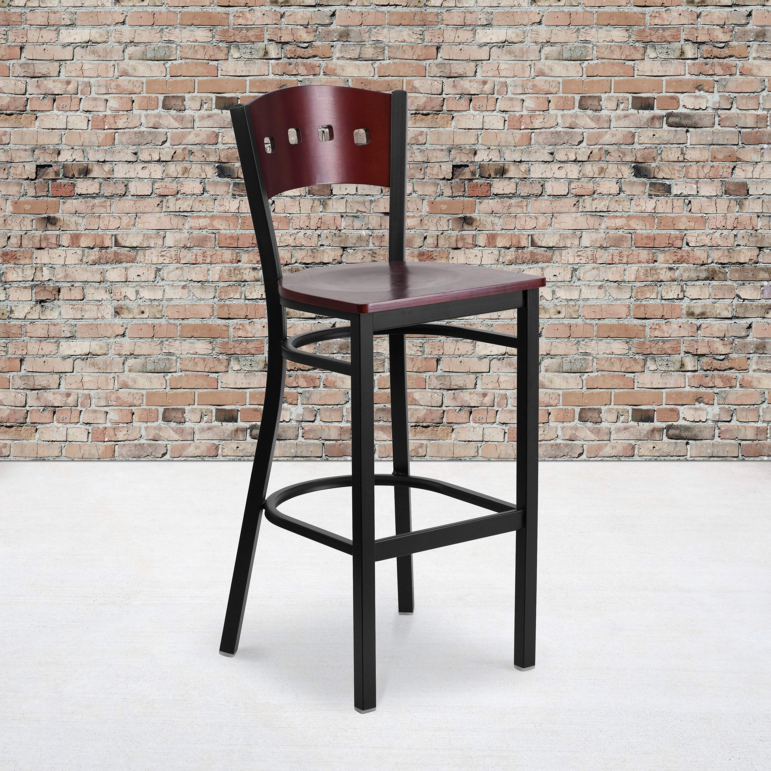 2 Pk. 4 Square Back Metal Barstool - Mahogany Wood Back & Seat