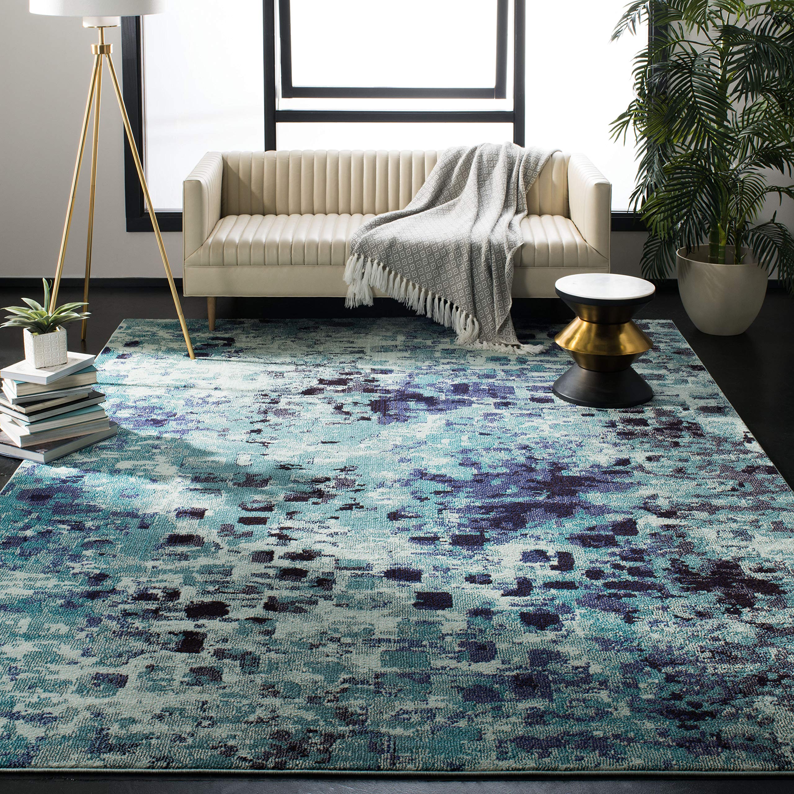 SAFAVIEH Monaco Collection 67 Square Light Blue/Multi MNC225J Boho Chic Abstract Watercolor Non-Shedding Living Room Bedroom Di