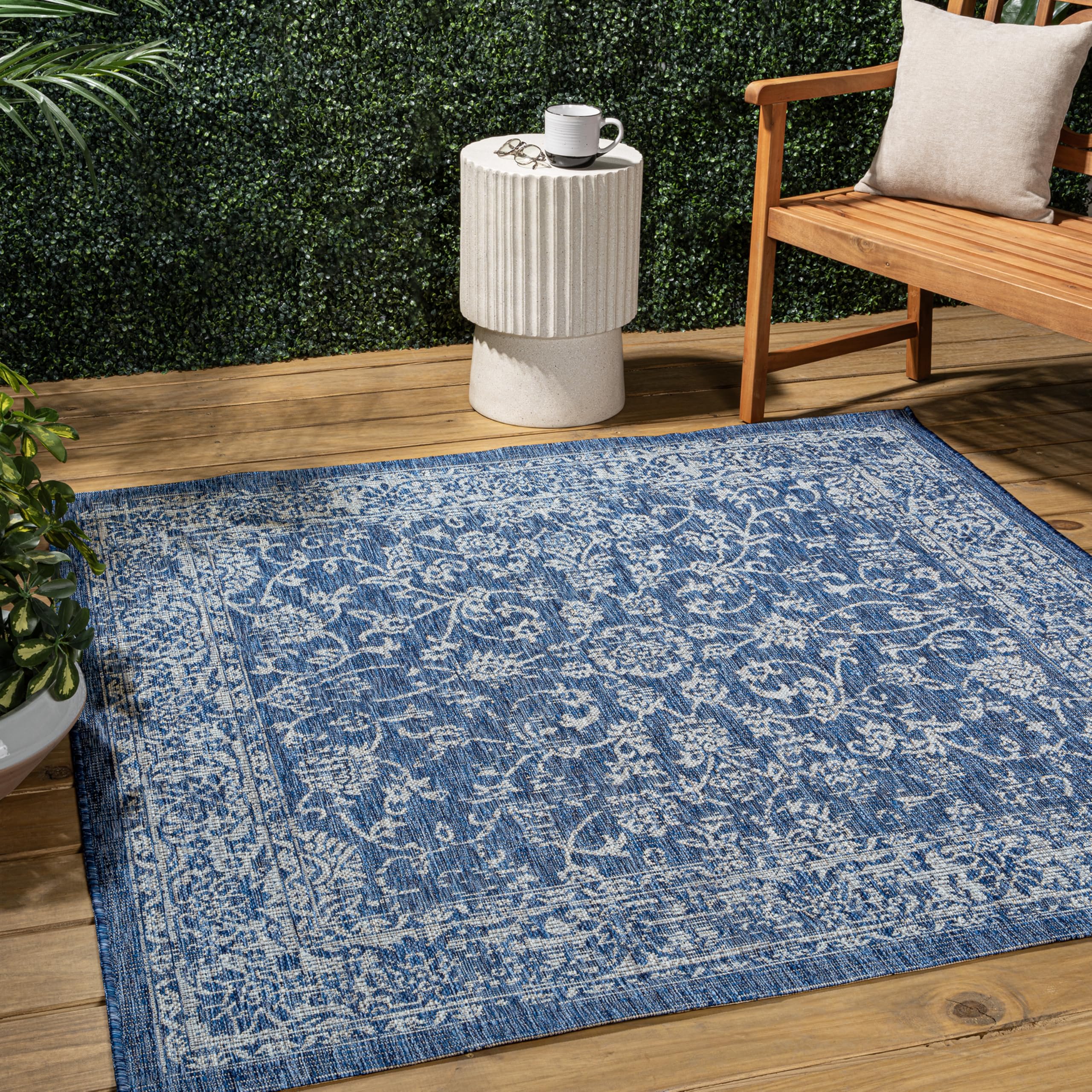 JONATHAN Y SMB100B-8SQ Tela Bohemian Textured Weave Floral Navy/Gray 8 Square Indoor/Outdoor Area Rug, Pet Friendly, Non-Sheddi