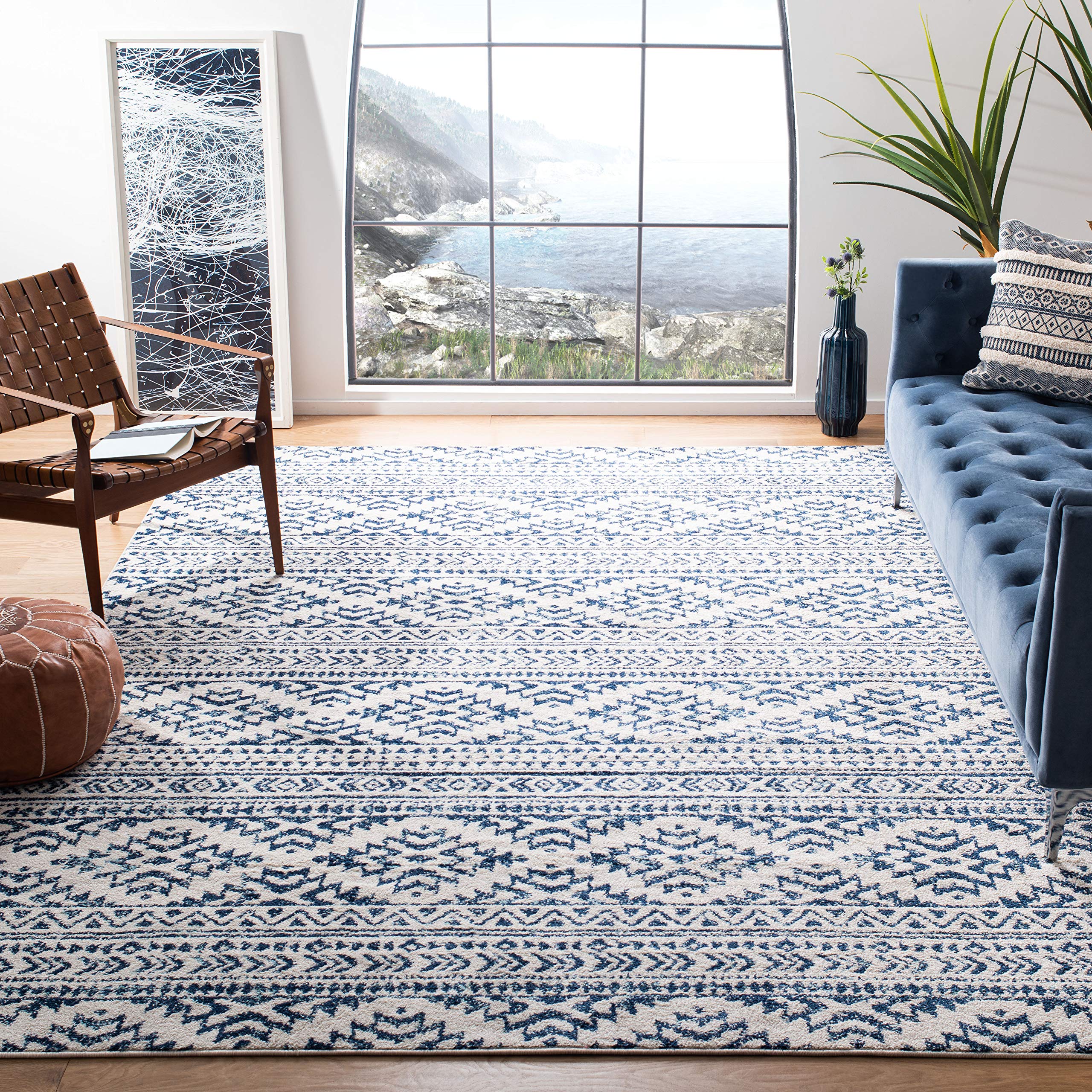 SAFAVIEH Tulum Collection X-Large Area Rug - 12 x 18, Ivory & Navy, Moroccan Boho Tribal Design, Non-Shedding & Easy Care, Ide