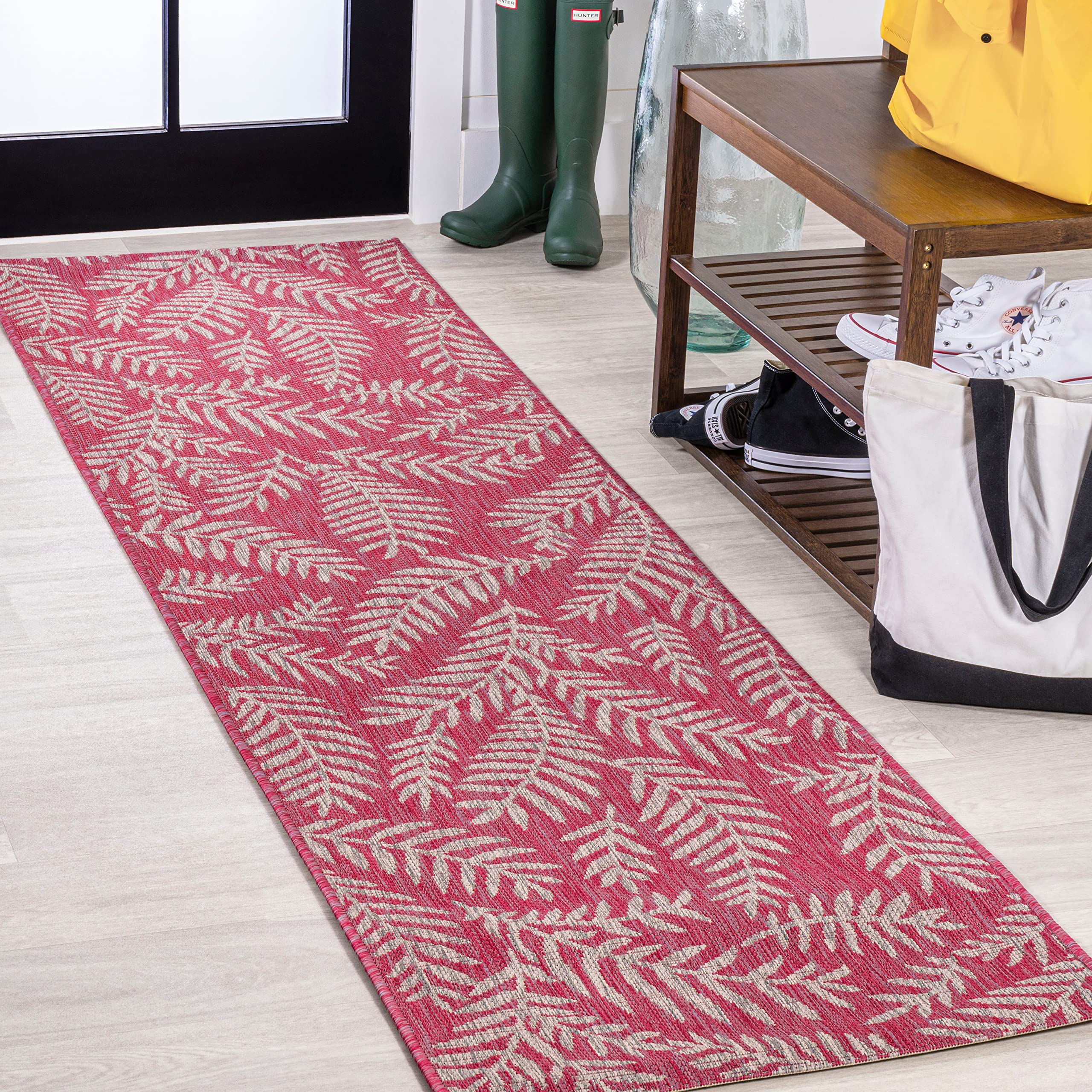 Jonathan Y Smb119F-210 Nevis Palm Frond Indoor Outdoor Area Rug, Coastal Casual Country & Floral Easy Cleaning,Bedroom,Kitchen,Backyard,Patio,Non Shedding, Fuchsia/Light Gray, 2 X 10