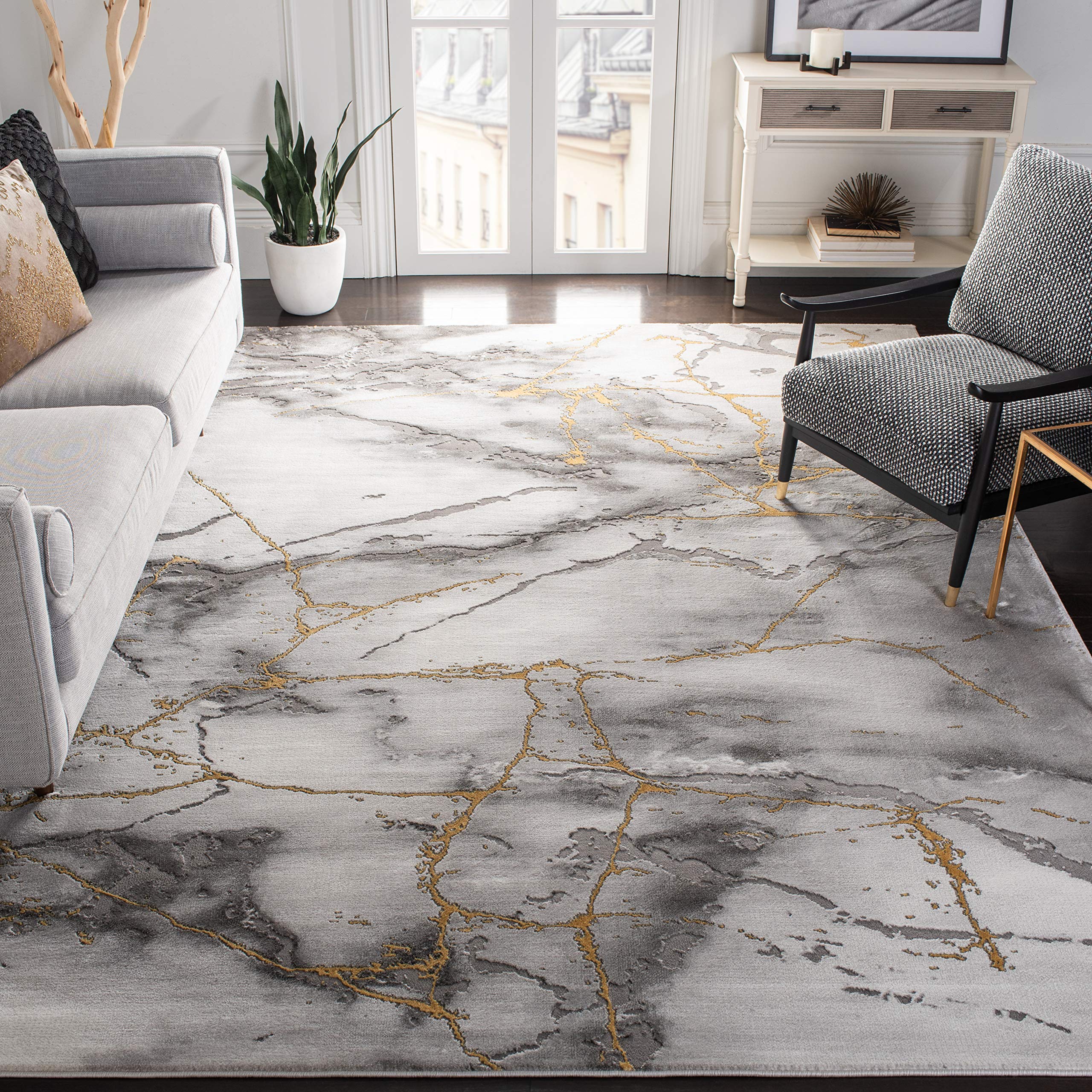 SAFAVIEH Craft Collection Area Rug - 9 x 12, Grey & Gold, Modern Abstract Design, Non-Shedding & Easy Care, Ideal for High Tra