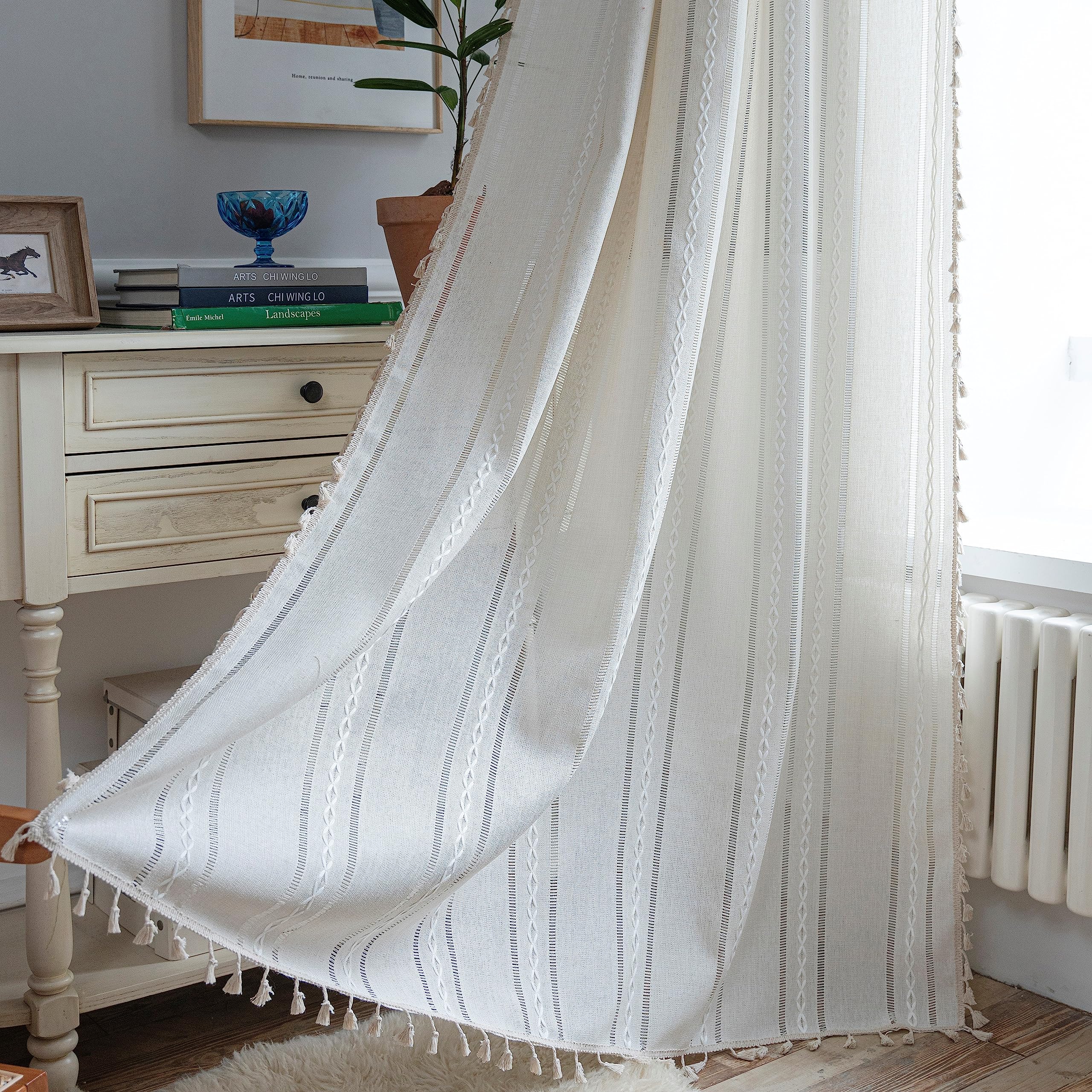 Sutuo Home Boho Curtains for Bedroom Living Room 108 Inches Long, Semi-Blackout Rustic Country Linen Embroidery Vintage Tassels 
