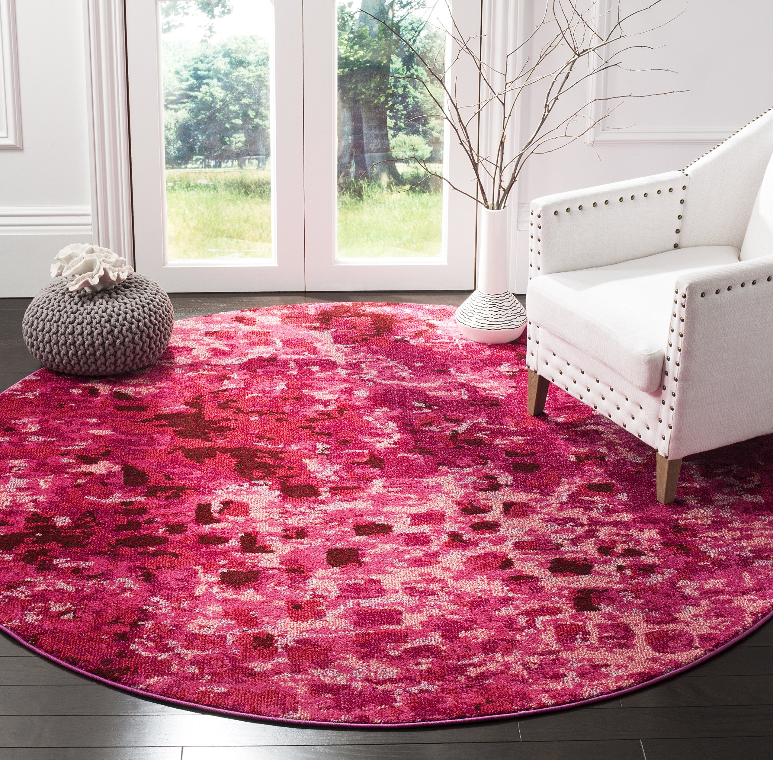 SAFAVIEH Monaco Collection 67 Round Fuchsia MNC225F Boho Chic Abstract Watercolor Non-Shedding Dining Room Entryway Foyer Livin