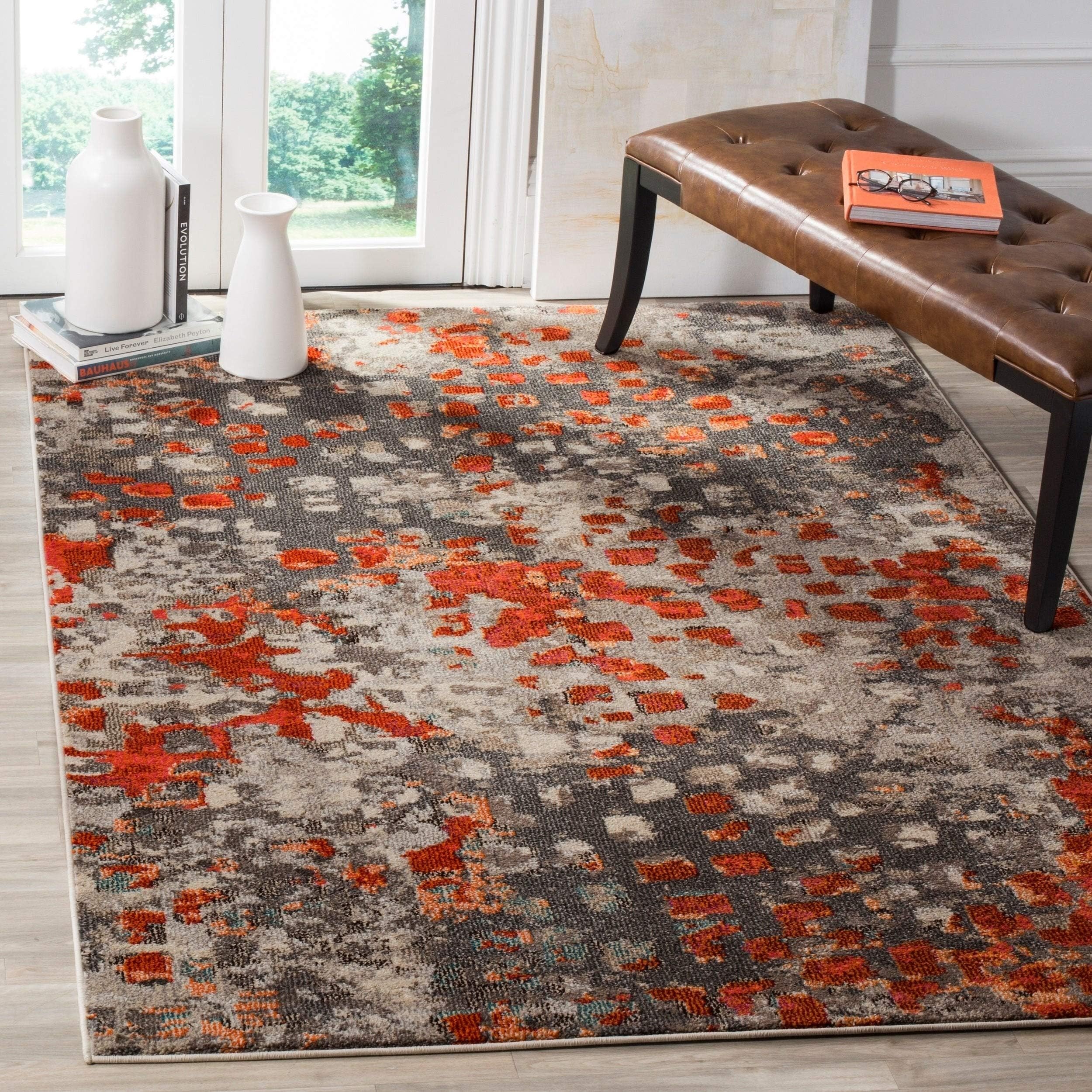 SAFAVIEH Monaco Collection Area Rug - 8 x 10, Grey & Orange, Boho Chic Abstract Watercolor Design, Non-Shedding & Easy Care, I