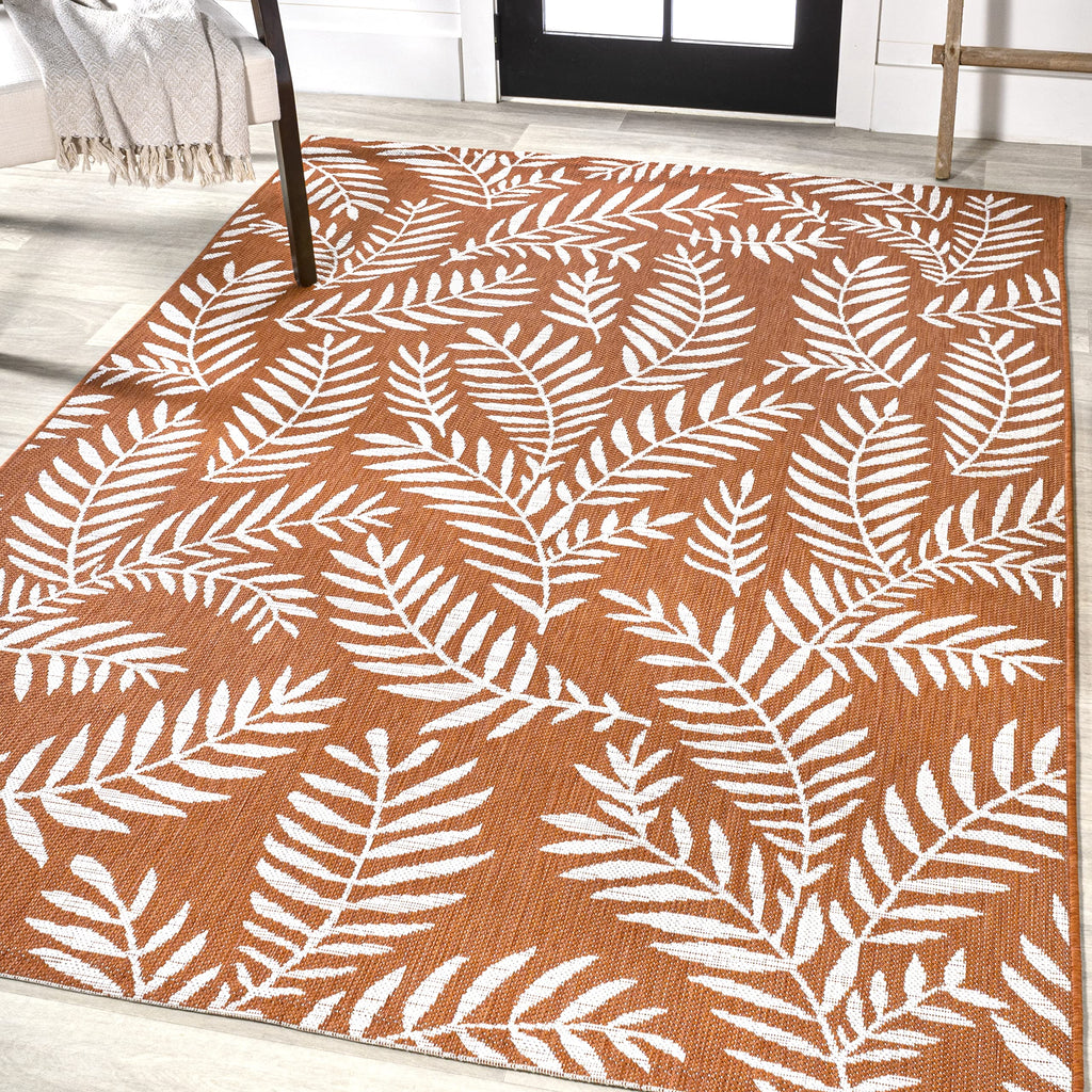 Jonathan Y Smb119E-9 Nevis Palm Frond Indoor Outdoor Area Rug, Coastal Casual Country & Floral Easy Cleaning,Bedroom,Kitchen,Backyard,Patio,Non Shedding, 9 X 12, Orange/Cream
