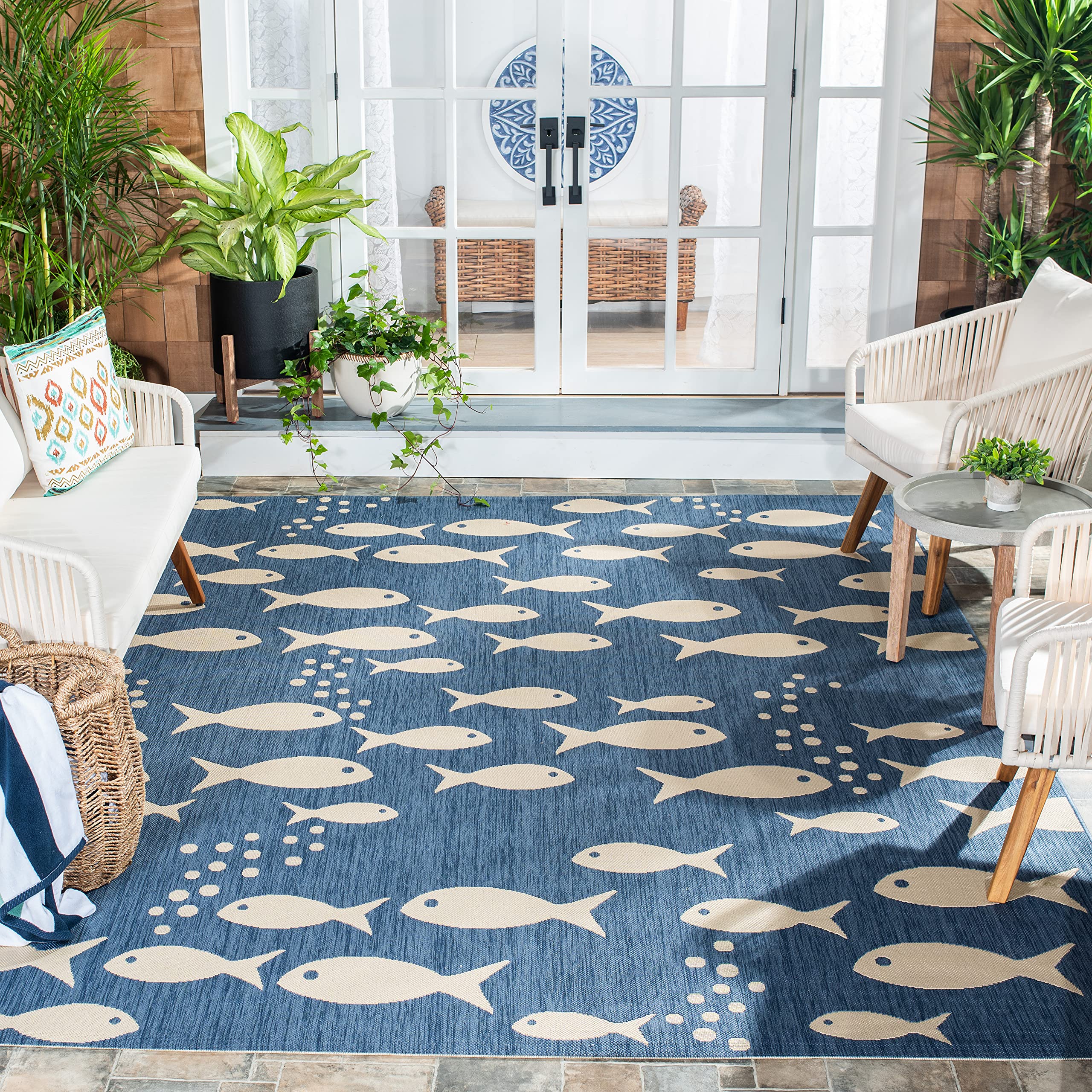 Safavieh Courtyard Collection Area Rug - 9' X 12', Blue & Beige, Non-Shedding & Easy Care, Indoor/Outdoor & Washable-Ideal For P