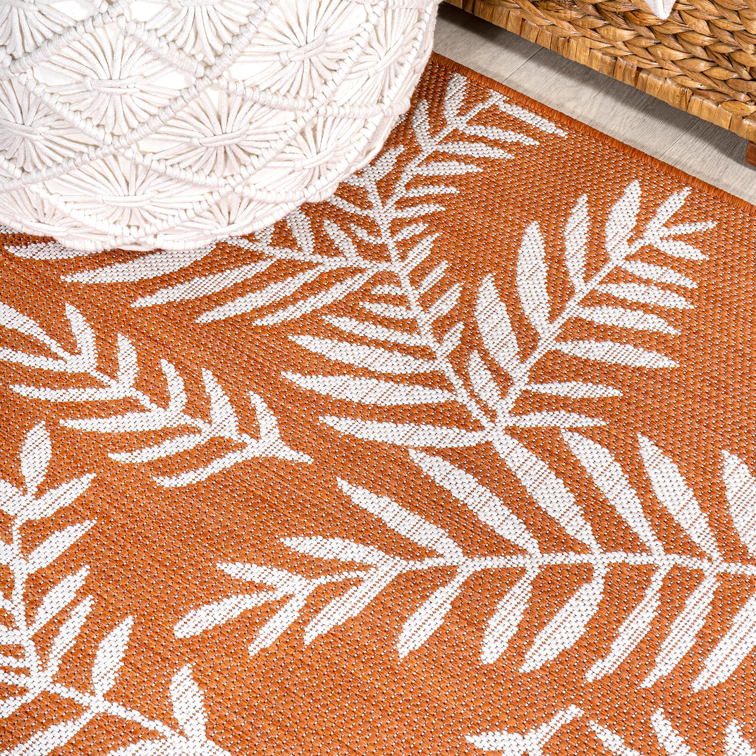 Jonathan Y Smb119E-5Sq Nevis Palm Frond Indoor Outdoor Area Rug, Coastal Casual Country & Floral Easy Cleaning,Bedroom,Kitchen,Backyard,Patio,Non Shedding, Orange/Cream, 5' Square