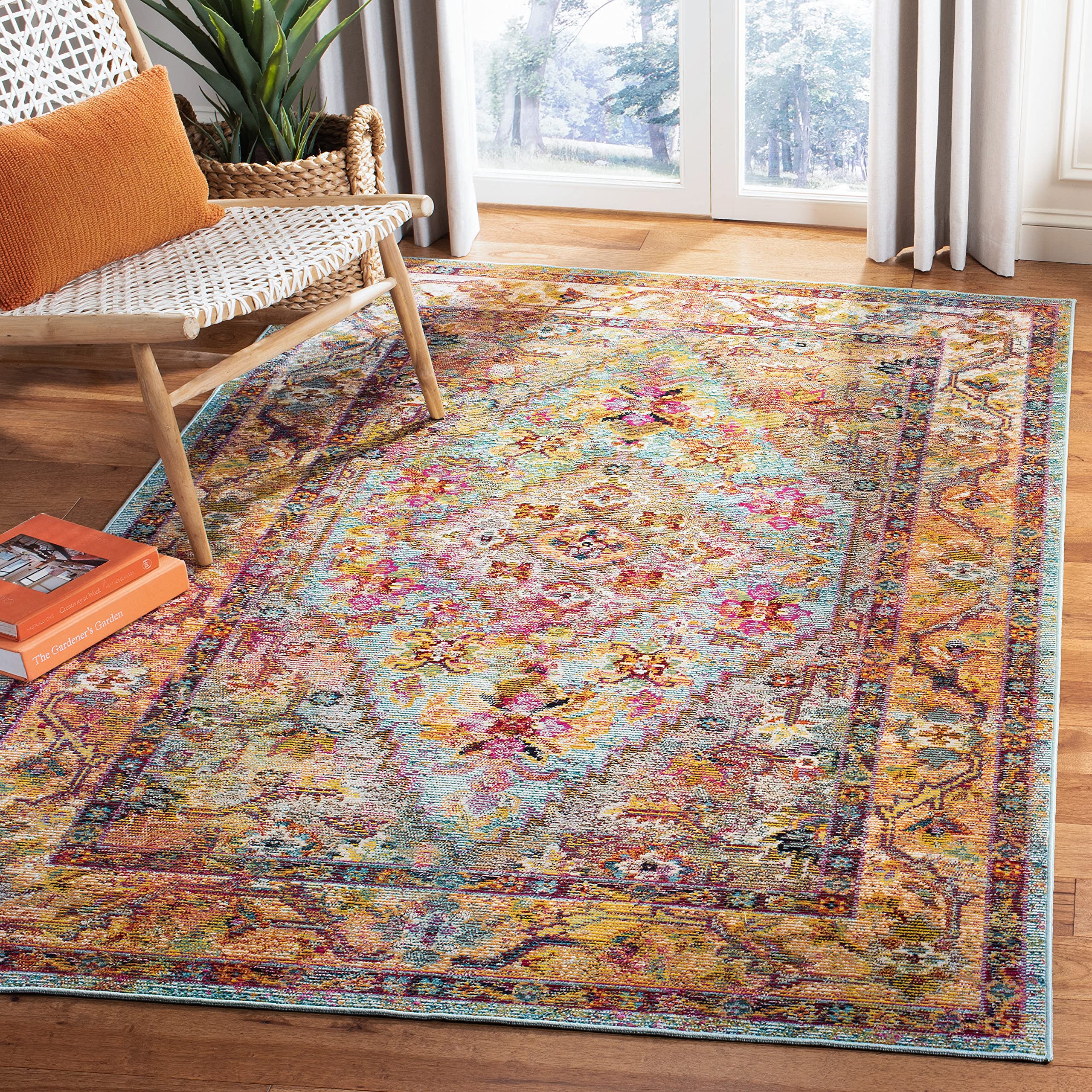 SAFAVIEH Crystal Collection Accent Rug - 3 x 5, Light Blue & Orange, Medallion Distressed Design, Non-Shedding & Easy Care, Id