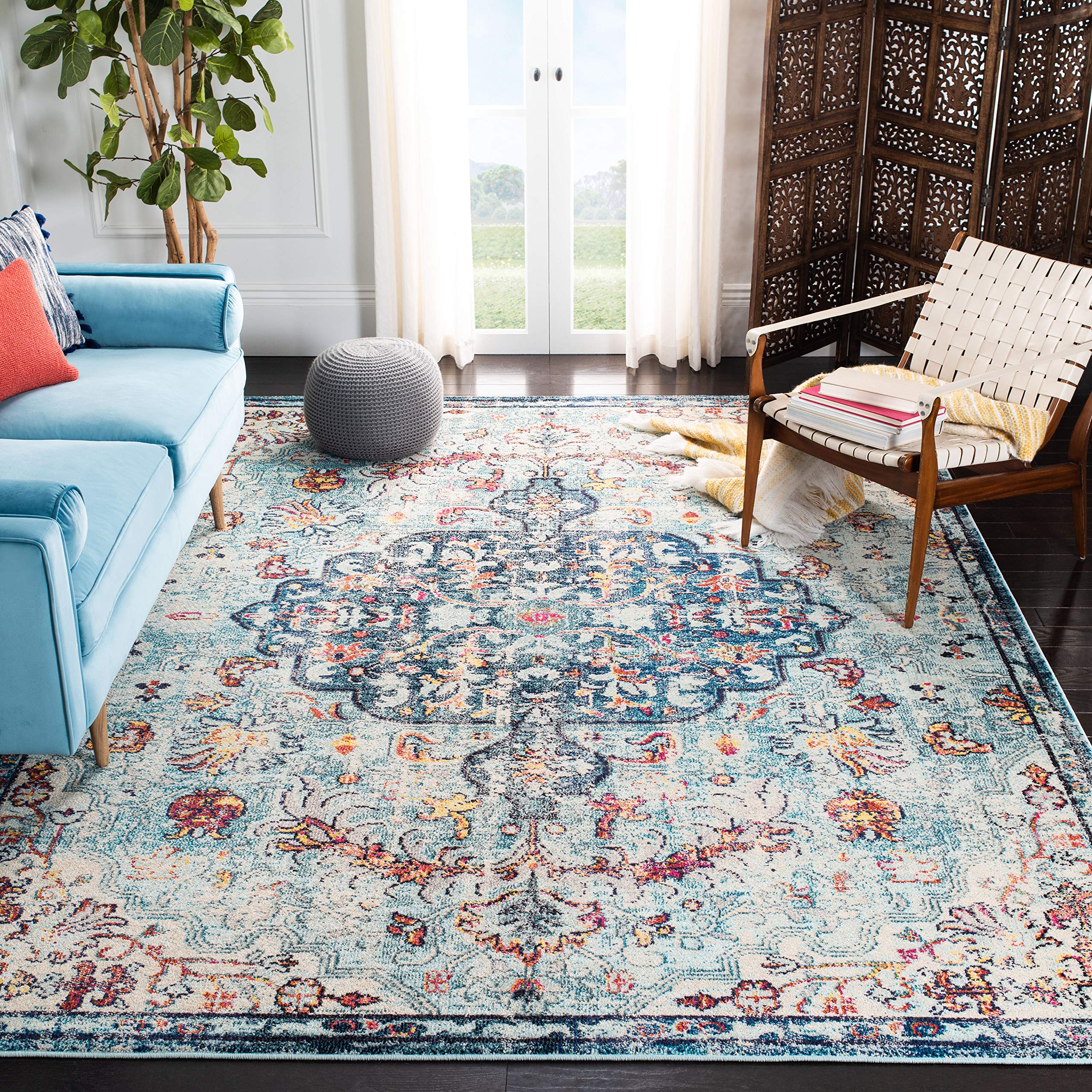 SAFAVIEH Madison Collection X-Large Area Rug - 12 x 15, Navy & Light Blue, Medallion Distressed Design, Non-Shedding & Easy Ca