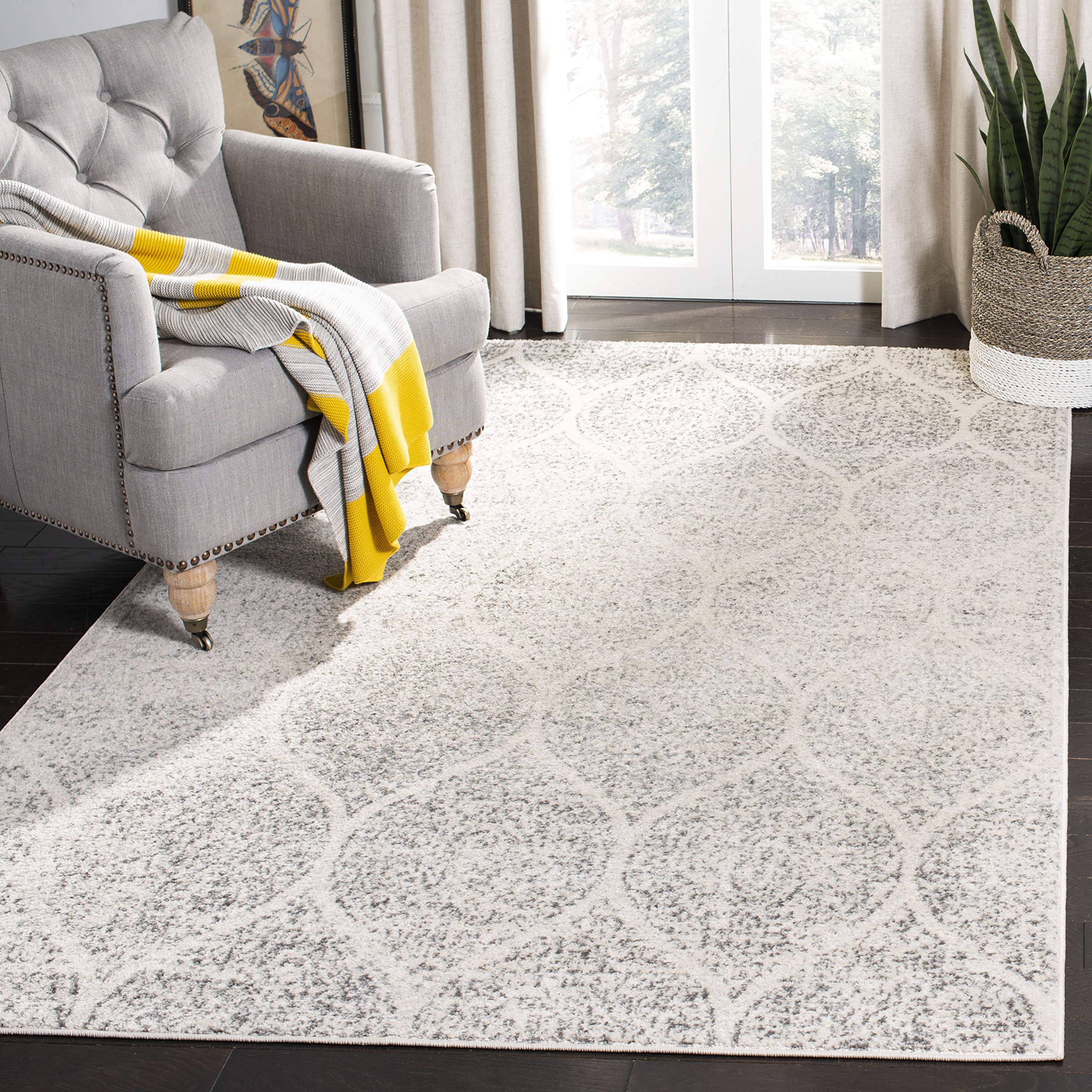 SAFAVIEH Madison Collection Accent Rug - 3 x 5, Ivory & Silver, Glam Ogee Trellis Distressed Design, Non-Shedding & Easy Care,