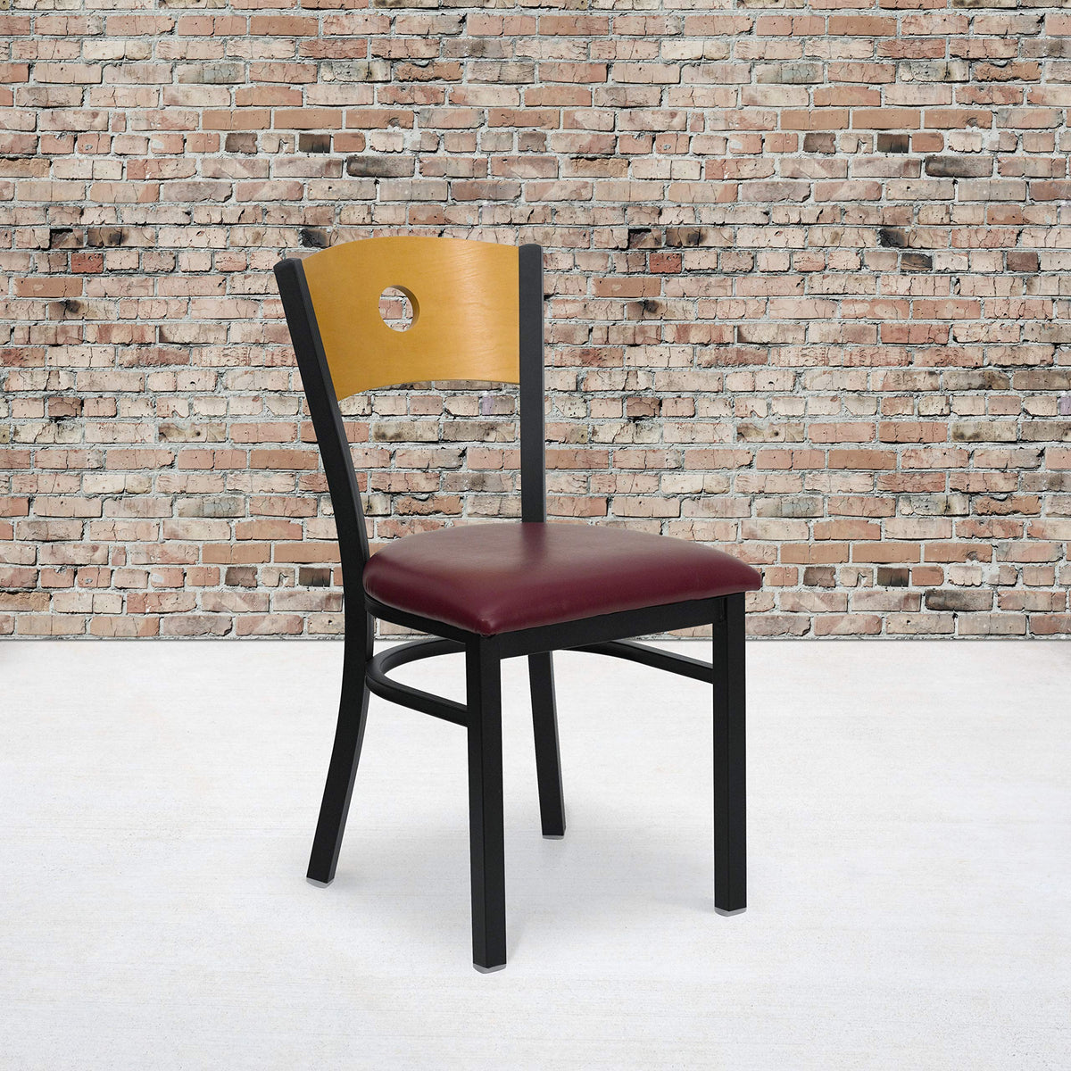 Flash Furniture HERCULES Series Black Circle Back Metal Restaurant Chair - Natural Wood Back, Burgundy Vinyl Seat