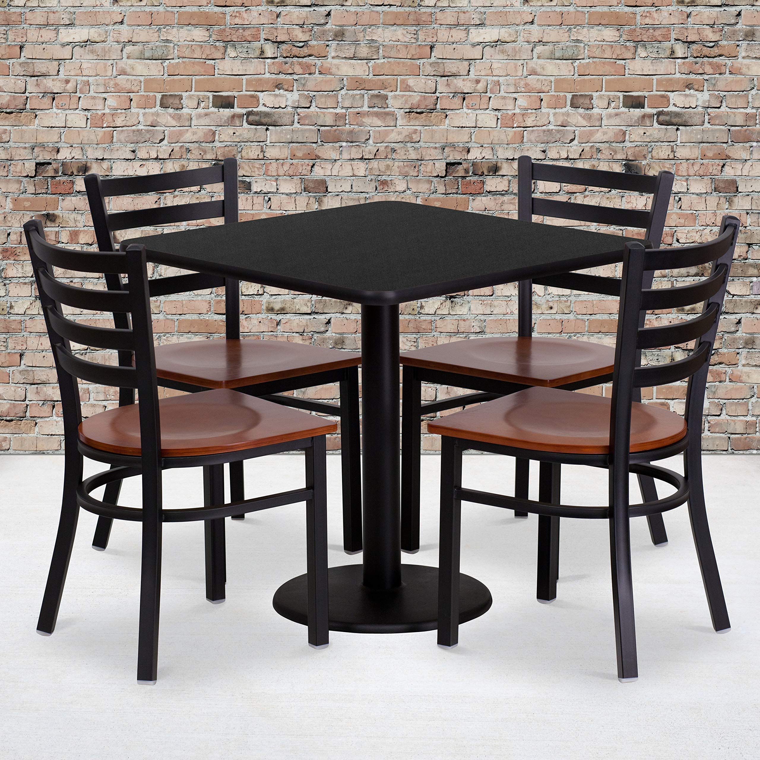 Flash Furniture Clark 30'' Square Black Laminate Table Set with 4 Ladder Back Metal Chairs - Cherry Wood Seat