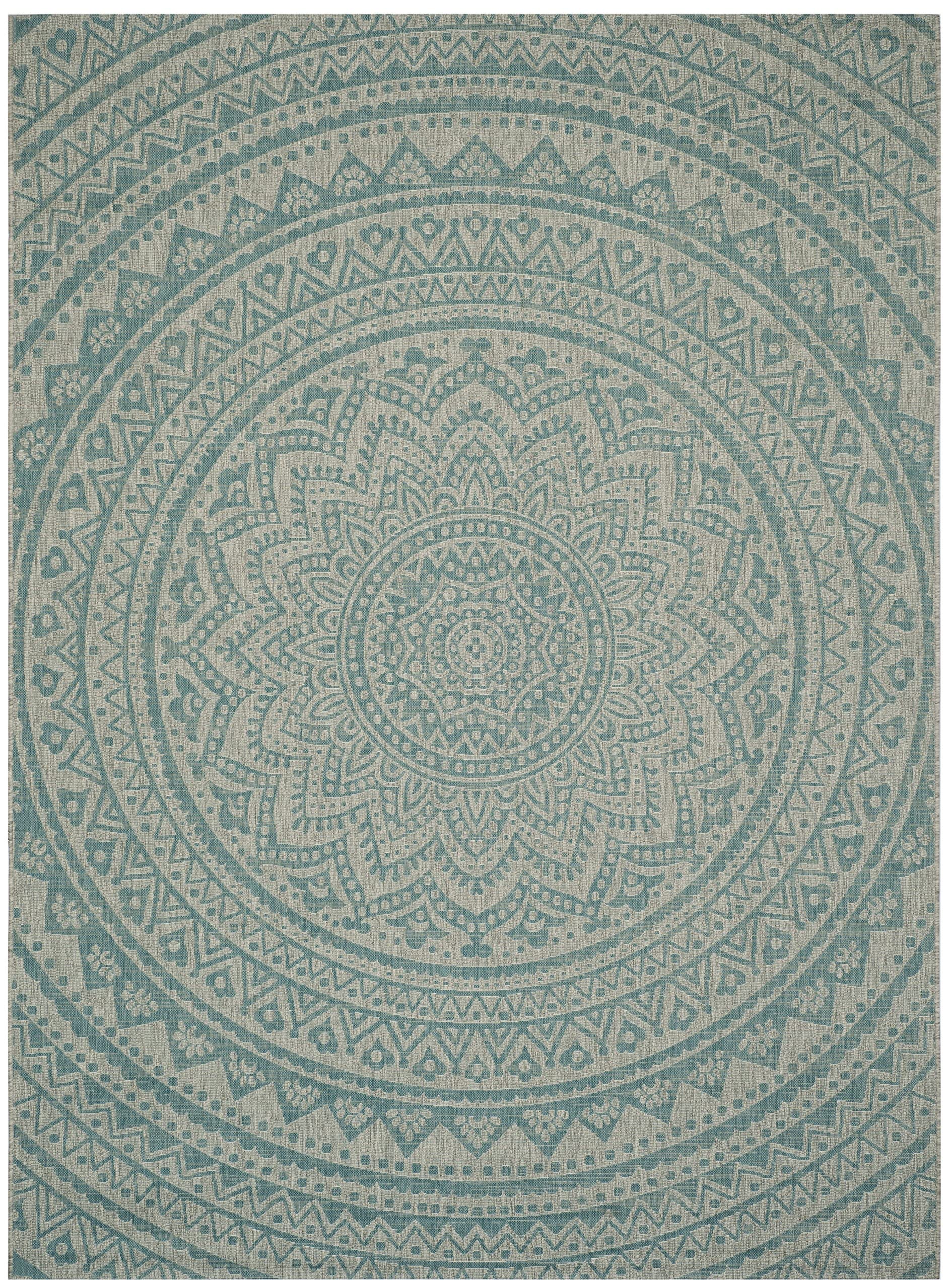 Safavieh Courtyard Collection 4' X 5'7' Grey / Aqua Cy8734 Indoor/ Outdoor Waterproof Easy Cleaning Patio Backyard Mudroom Accent Rug