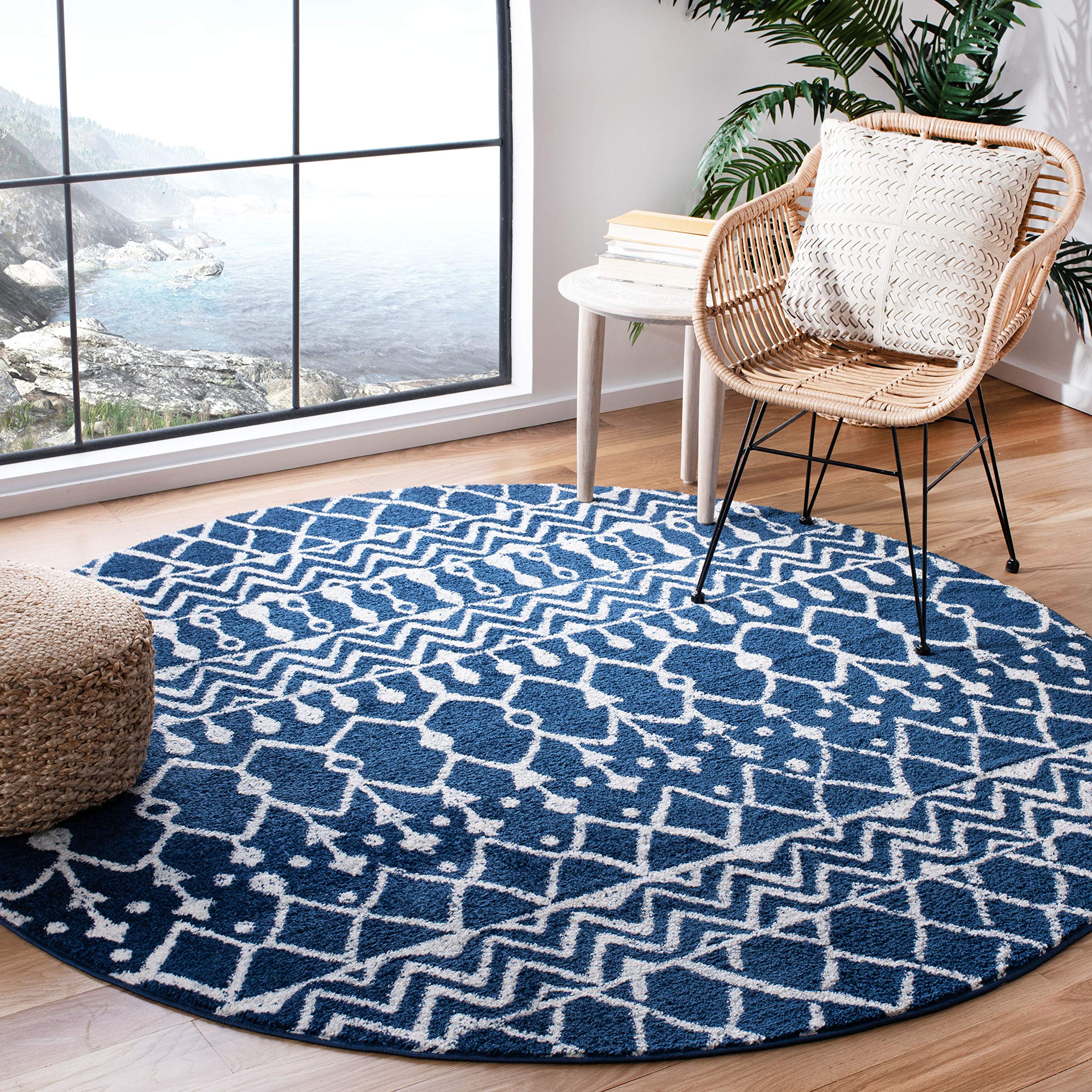 SAFAVIEH Tulum Collection 8 Round Navy/Ivory TUL270N Moroccan Boho Distressed Non-Shedding Entryway Foyer Living Room Bedroom K