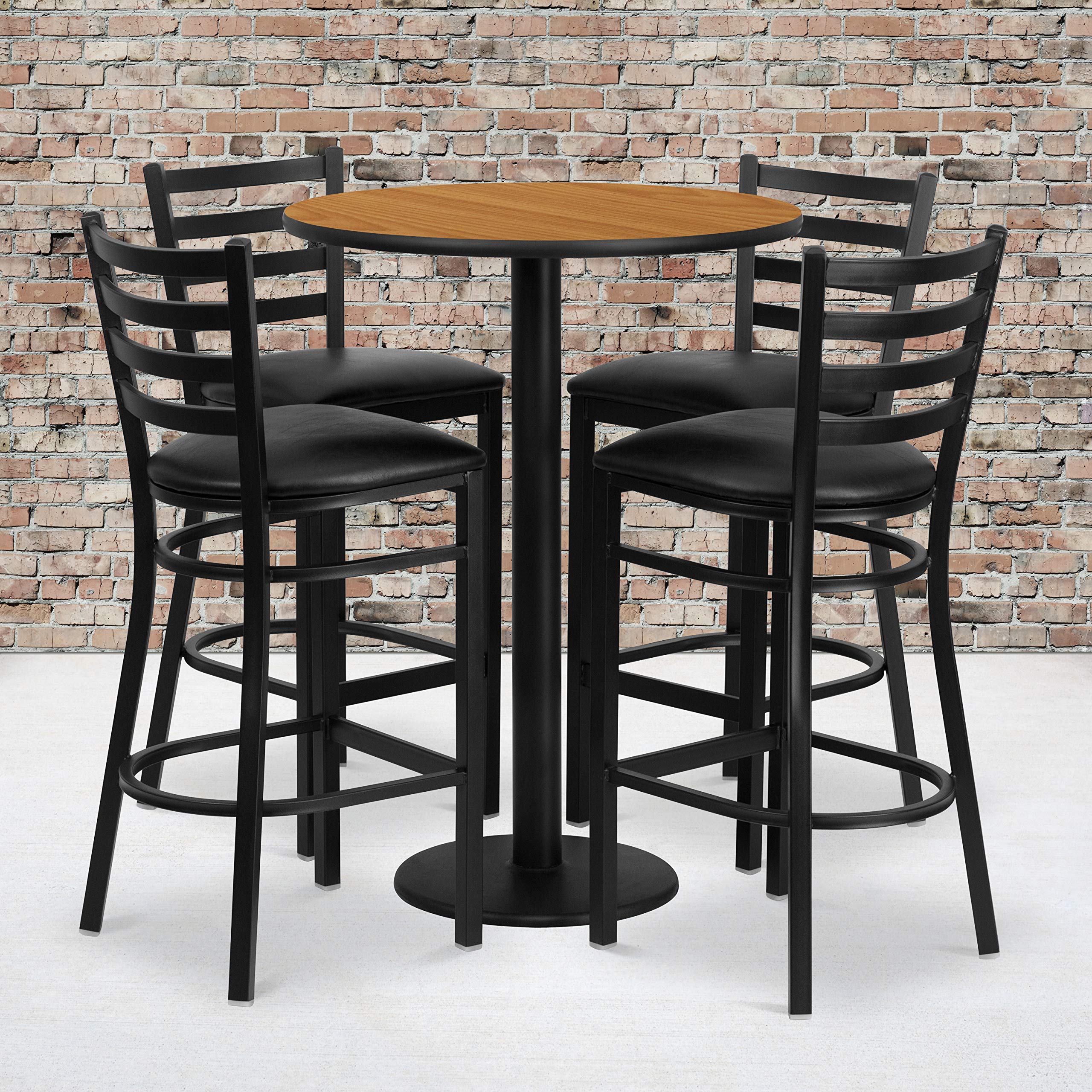 Flash Furniture Jamie 30'' Round Natural Laminate Table Set with Round Base and 4 Ladder Back Metal Barstools - Black Vinyl Seat