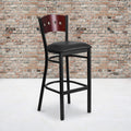 2 Pk. 4 Square Back Metal Barstool - Mahogany Wood Back, Black Vinyl Seat