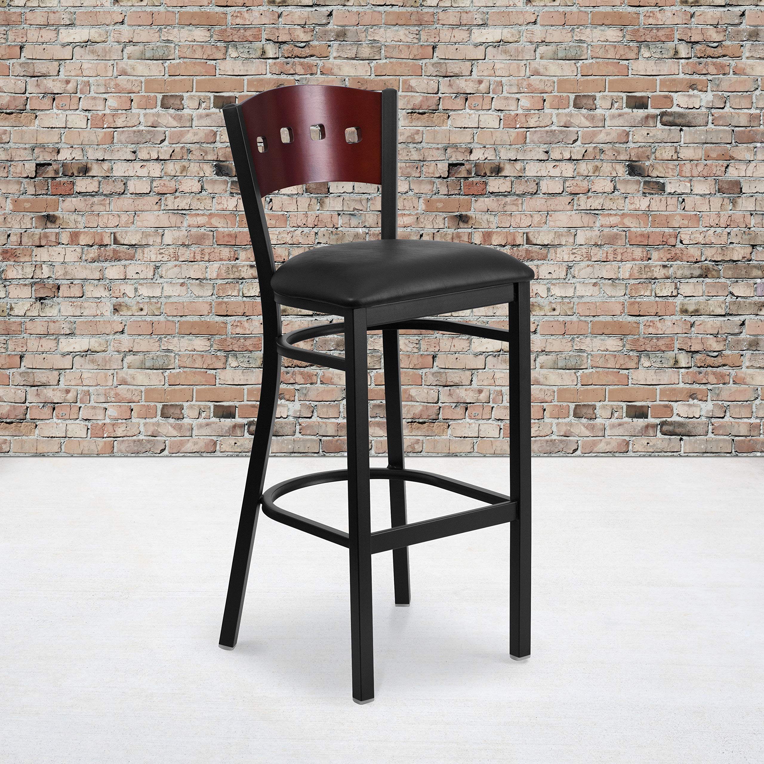 2 Pk. 4 Square Back Metal Barstool - Mahogany Wood Back, Black Vinyl Seat