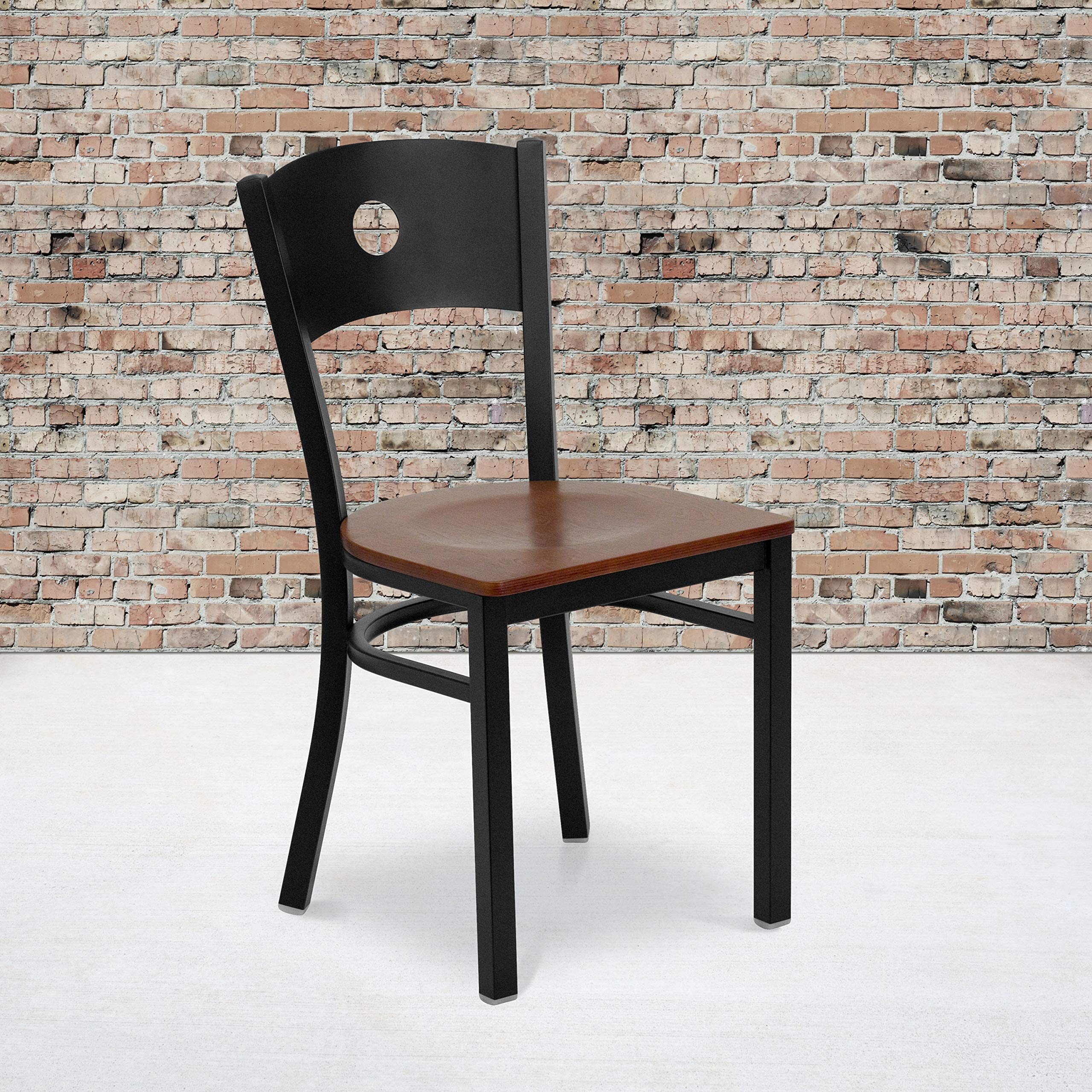 2 Pk. Black Circle Back Metal Restaurant Chair - Cherry Wood Seat