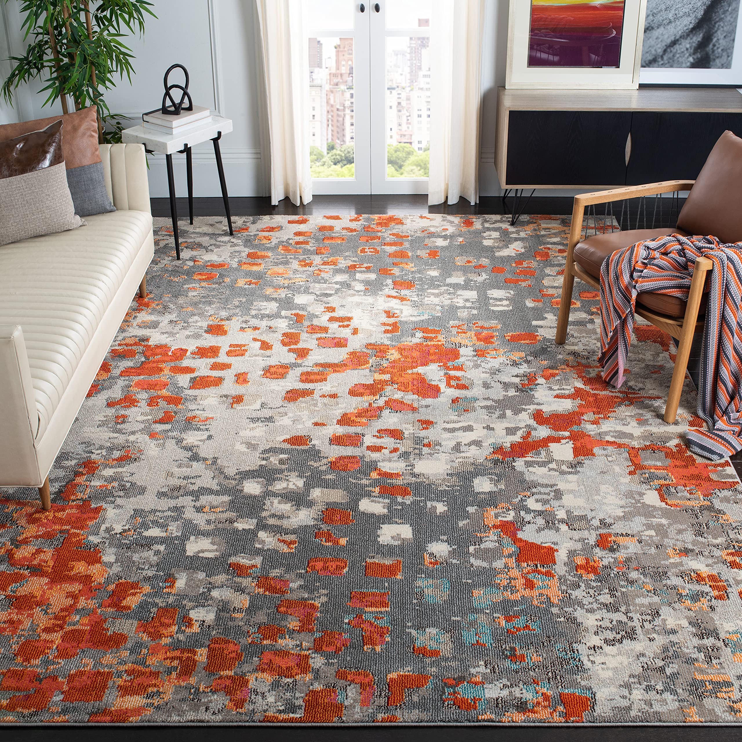SAFAVIEH Monaco Collection Area Rug - 10 x 14, Grey & Orange, Boho Chic Abstract Watercolor Design, Non-Shedding & Easy Care, 