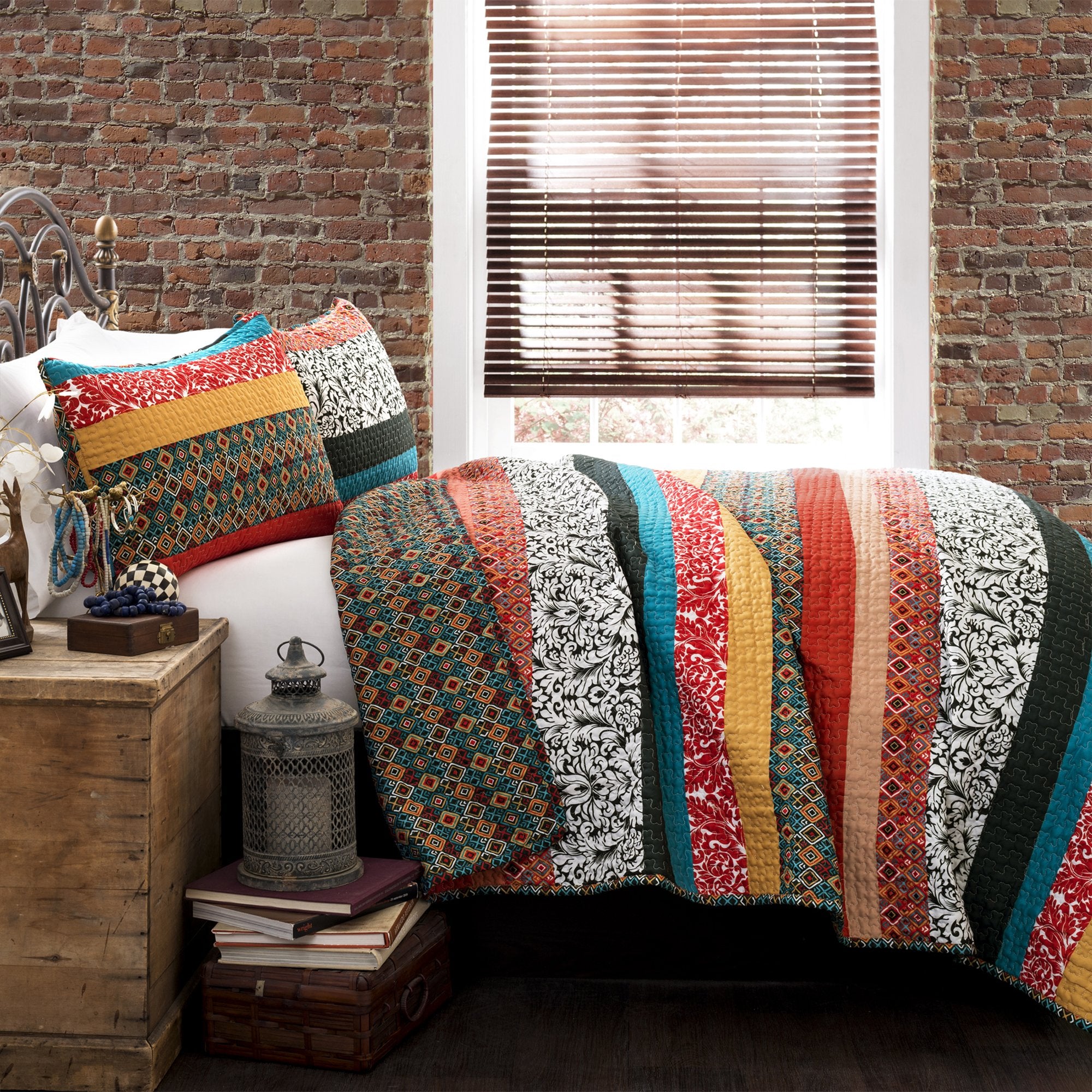 Lush Decor Boho Stripe Reversible Cotton Quilt 3-Piece Set, Full/ Queen, Turquoise & Tangerine - Bold Colorful Bohemian Bedding