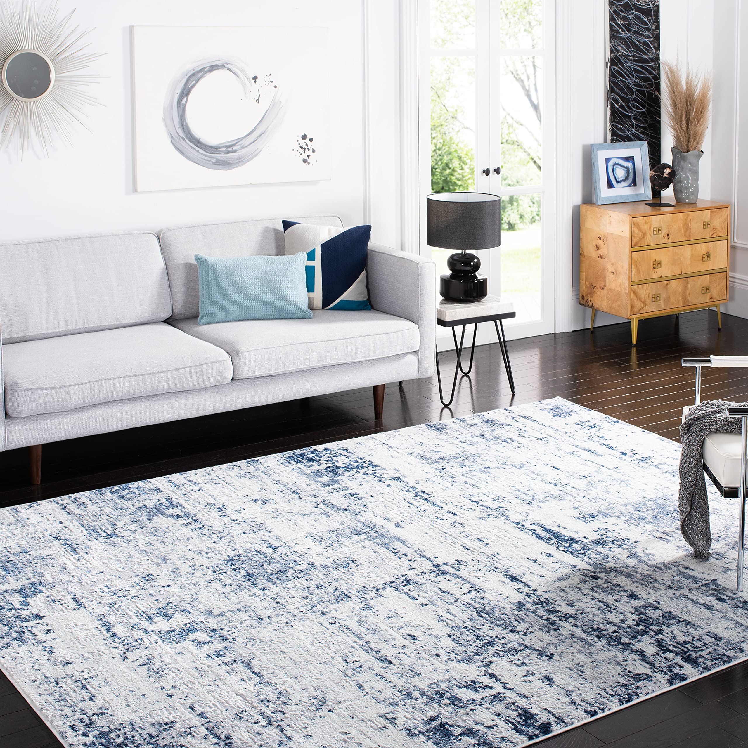 SAFAVIEH Amelia Collection Area Rug - 9' x 12', Ivory & Navy, Modern Abstract Design, Non-Shedding & Easy Care, Ideal for High T