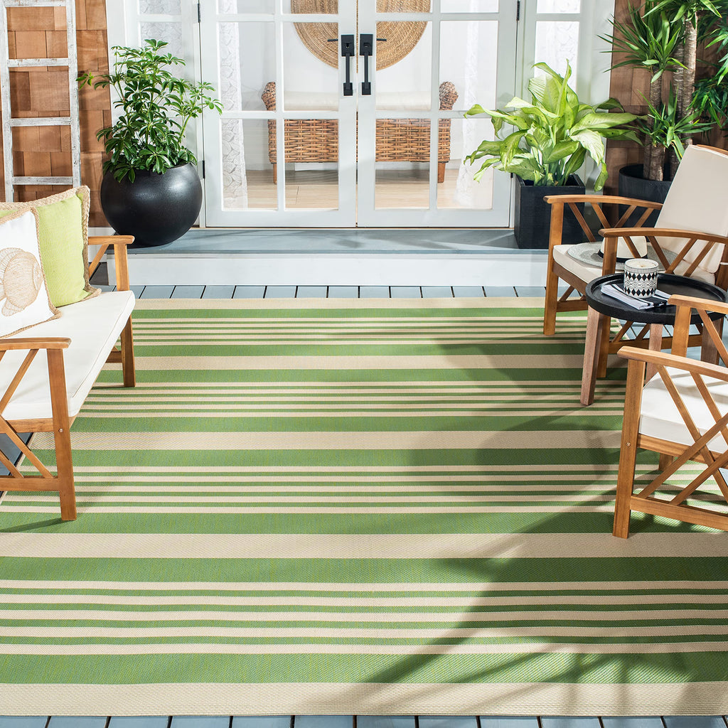 Safavieh Courtyard Collection 8' X 11' Green/Beige Cy6062 Stripe Indoor/ Outdoor Waterproof Easy-Cleaning Patio Backyard Mudroom