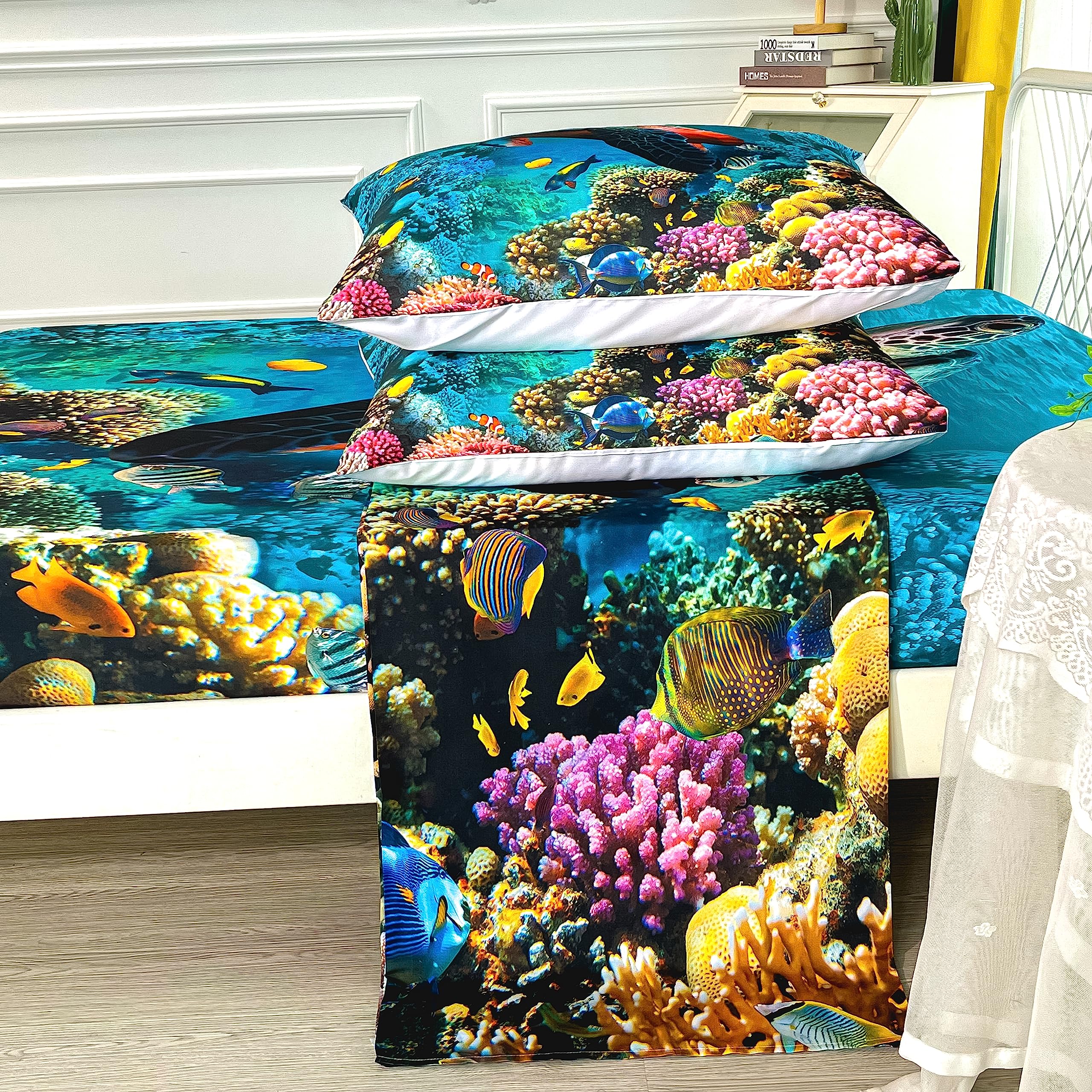 Cvhouse Sea Turtle Fitted Sheet,Ocean Bed Sheet Set Twin Size,Turtle Bedding Set For Boys Kids Girls,1 Flat Sheet & 1 Fitted She