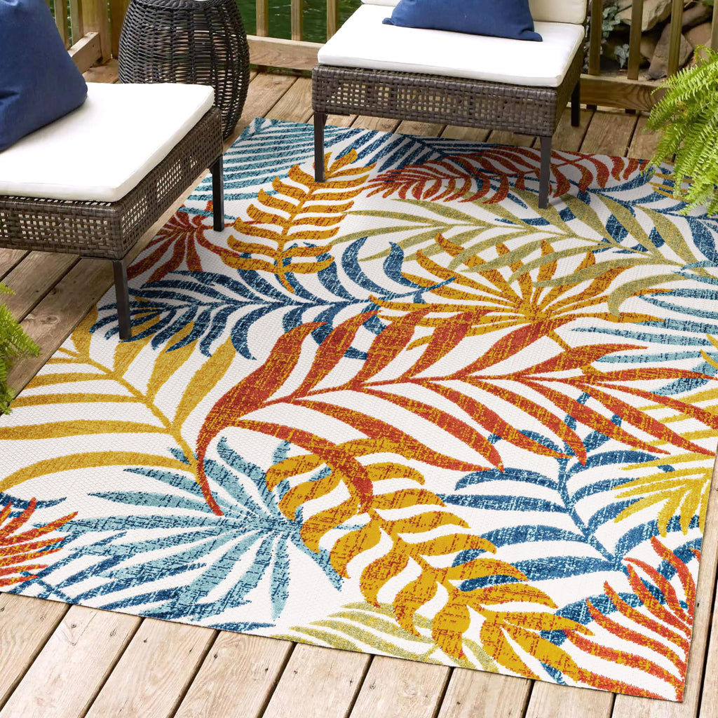 Jonathan Y Amc100B-5 Tropics Palm Leaves Indoor Outdoor Area-Rug Bohemian Floral Easy-Cleaning High Traffic Bedroom Kitchen Backyard Patio Porch Non Shedding, 5 X 8, Cream/Orange