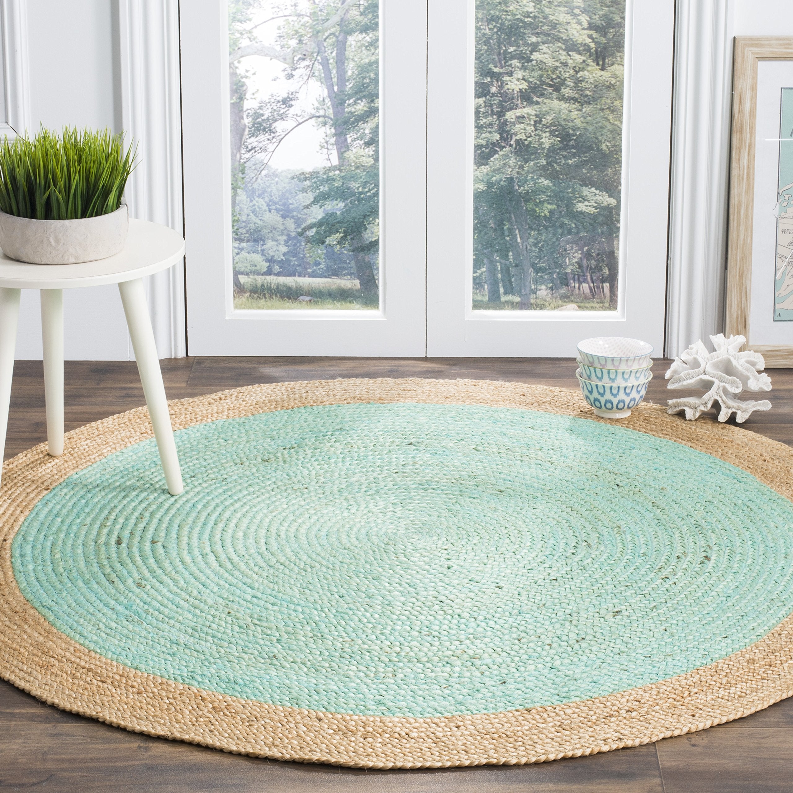 SAFAVIEH Natural Fiber Round Collection 8 Round Aqua NF801A Handmade Boho Braided Jute Area Rug