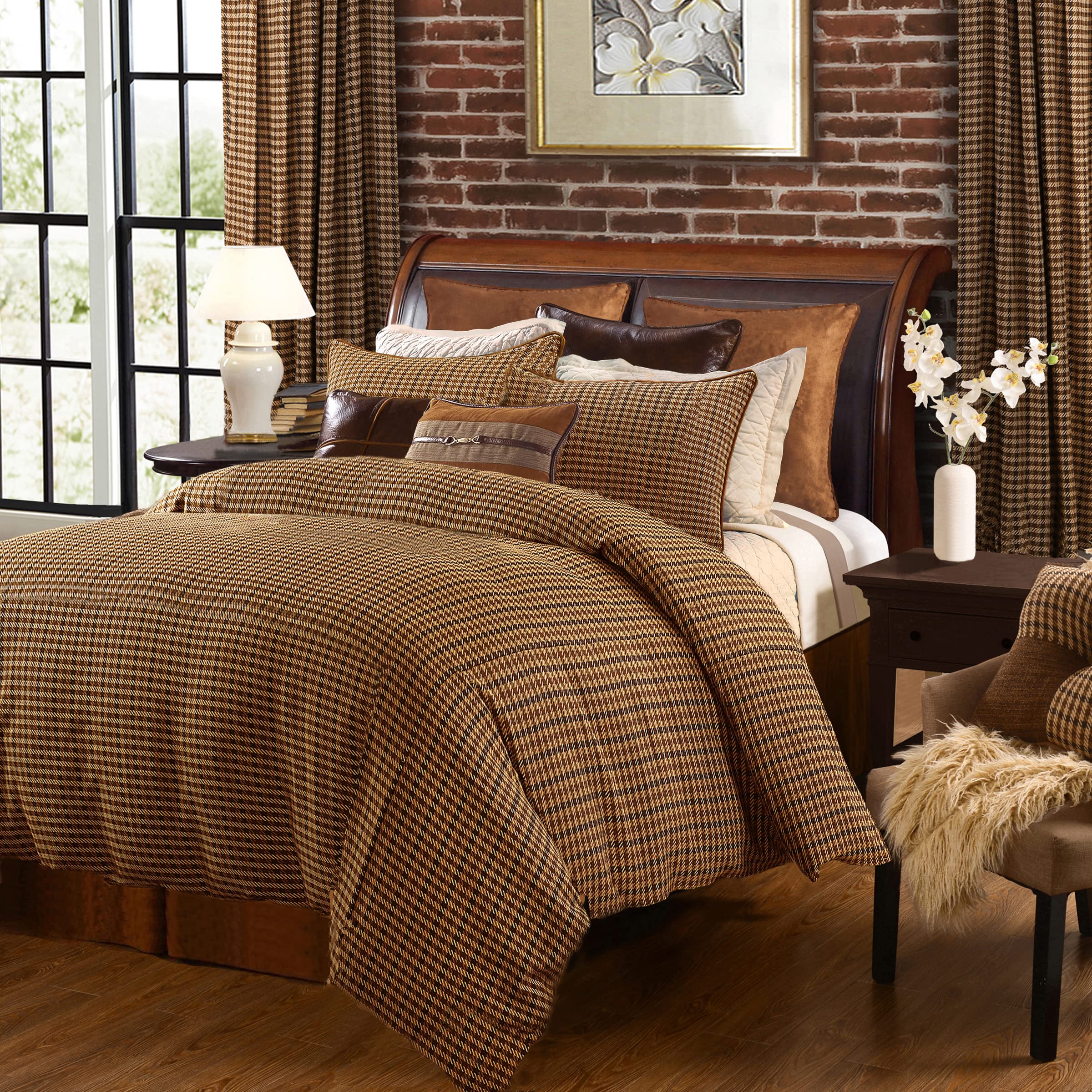 Paseo Road Clifton Rustic Bedding, 3 Piece King Size Comforter Set, Brown Woven Twill Plaid Pattern Bed Set, Classic Traditional