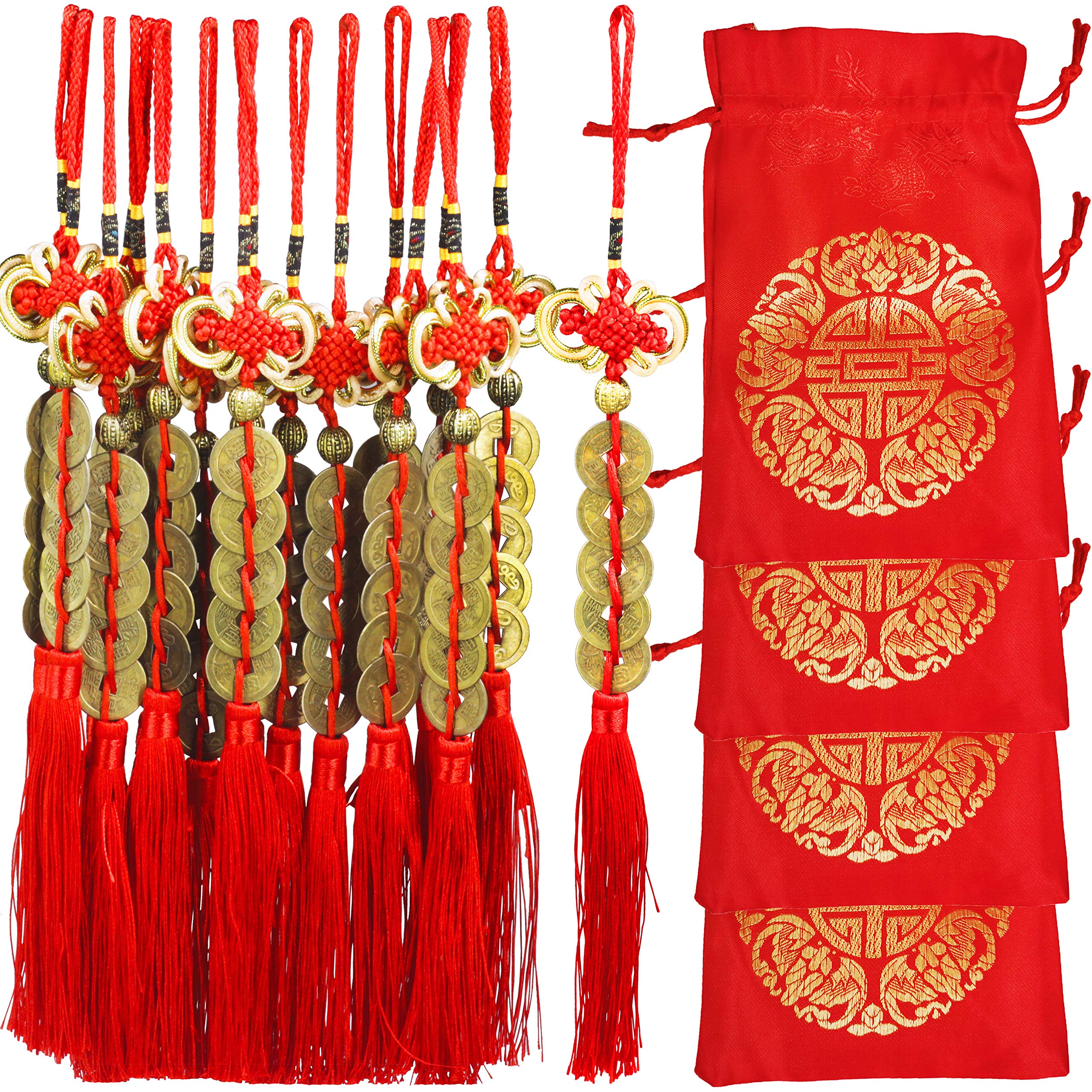 Supla 16 Pcs Chinese Lucky Coins Decorations Feng Shui Coins Ornaments Hanging Good Fortune Coins Ornaments Red Chinese Knot Luc