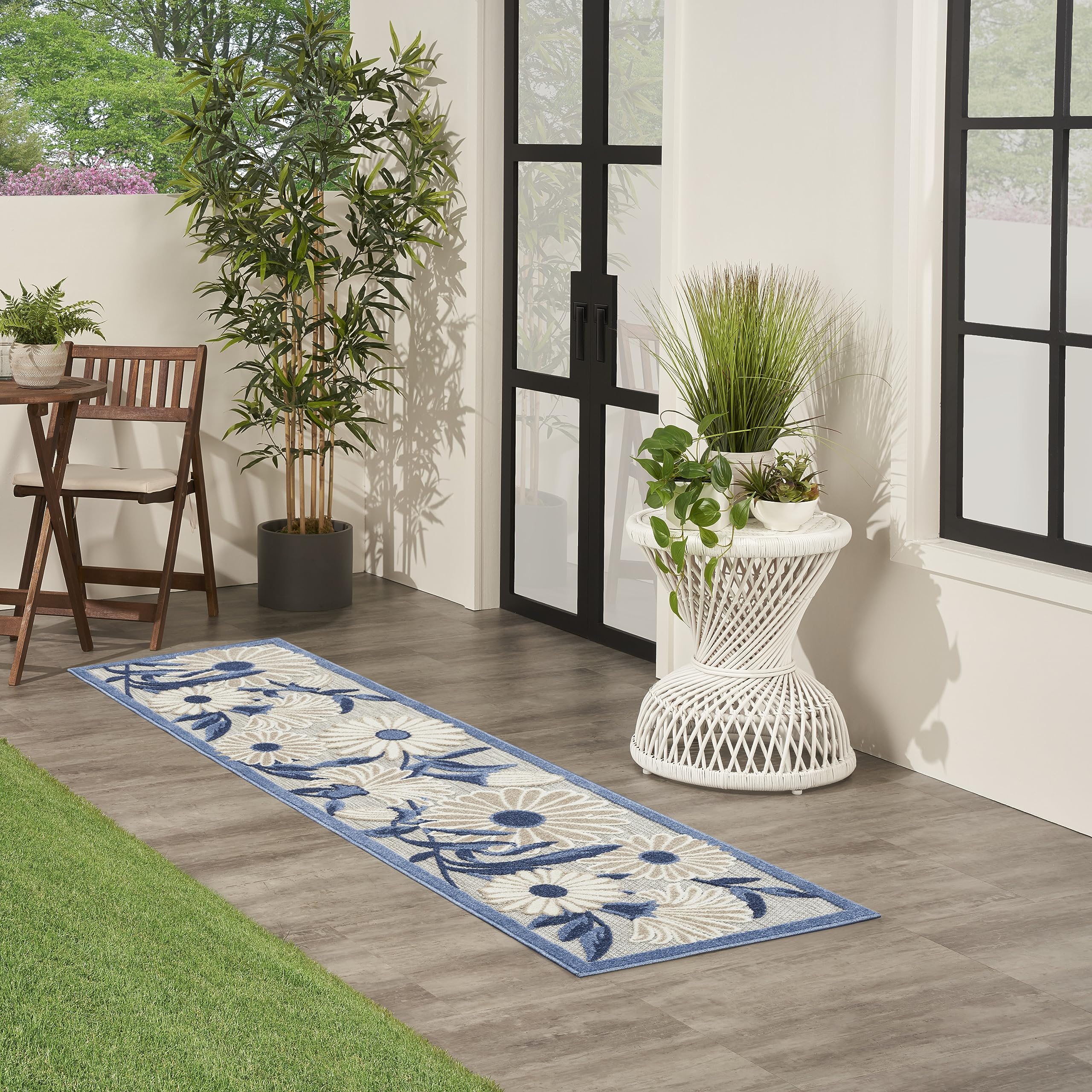 Nourison Aloha Outdoor Blue Grey 2'3' X 12' Area Rug, Easy Cleaning, Non Shedding, Bed Room, Living Room, Dining Room, Deck, Backyard, Patio (2X12)