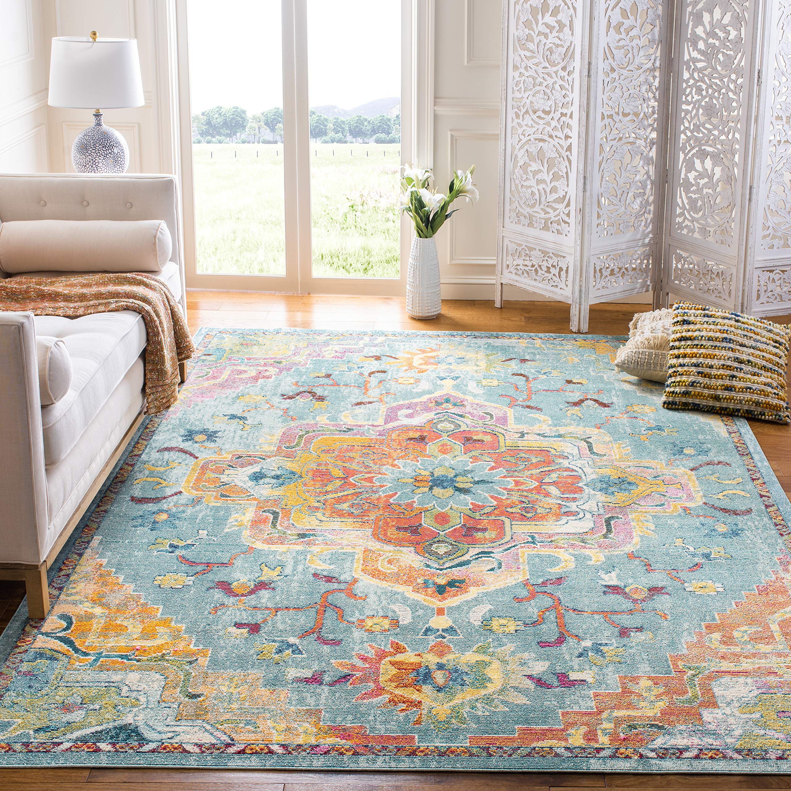 SAFAVIEH Crystal Collection Area Rug - 10 x 14, Teal & Orange, Medallion Distressed Design, Non-Shedding & Easy Care, Ideal fo