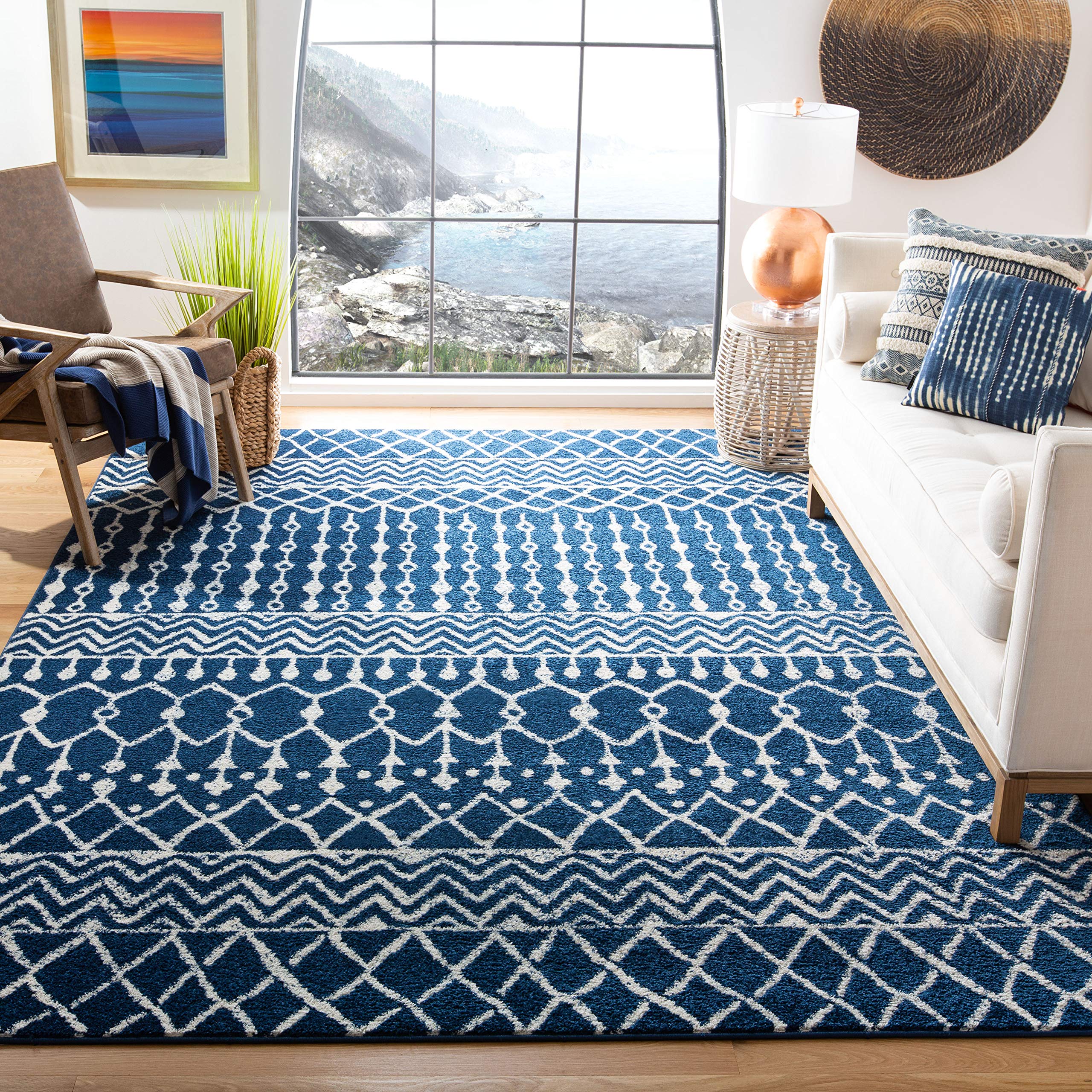 SAFAVIEH Tulum Collection Area Rug - 6 x 9, Navy & Ivory, Moroccan Boho Distressed Design, Non-Shedding & Easy Care, Ideal for