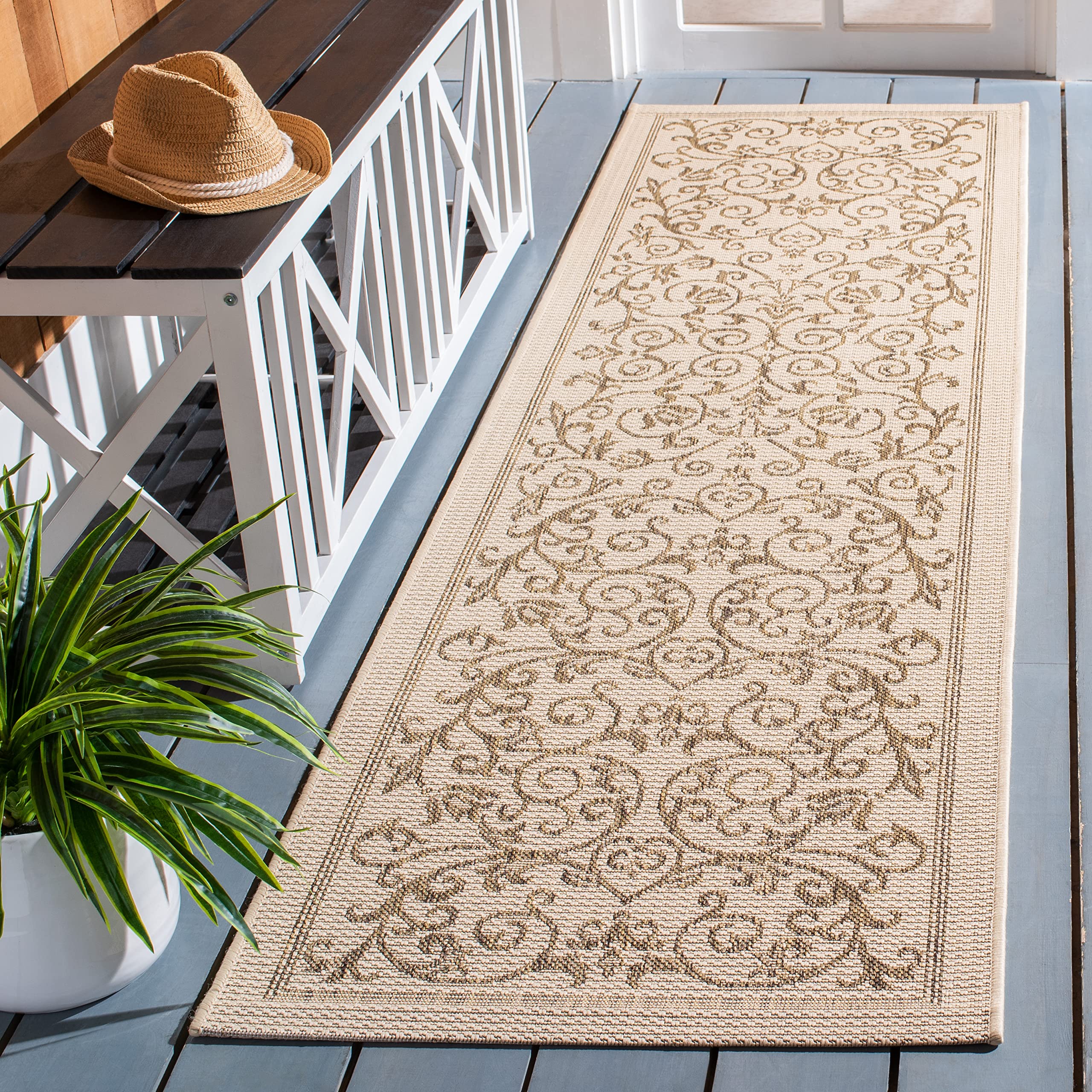 SAFAVIEH Courtyard Collection Runner Rug - 23 x 12, Natural & Brown, Scroll Design, Non-Shedding & Easy Care, Indoor/Outdoor &